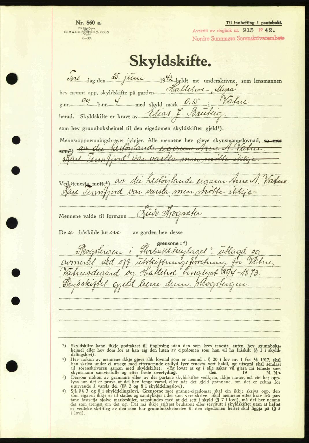 Nordre Sunnmøre sorenskriveri, AV/SAT-A-0006/1/2/2C/2Ca: Pantebok nr. A13, 1942-1942, Dagboknr: 913/1942