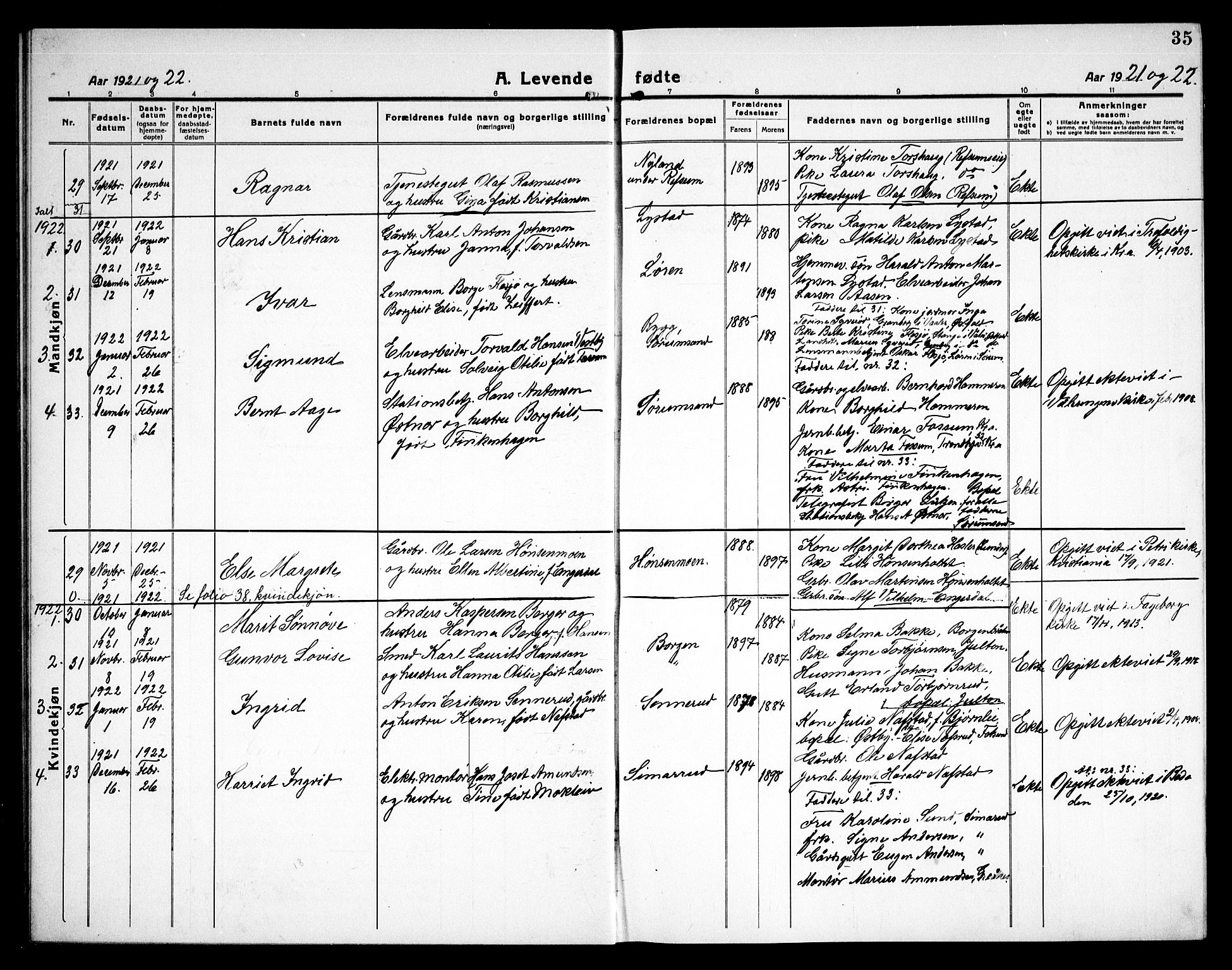 Sørum prestekontor Kirkebøker, AV/SAO-A-10303/G/Ga/L0008: Klokkerbok nr. I 8, 1917-1934, s. 35