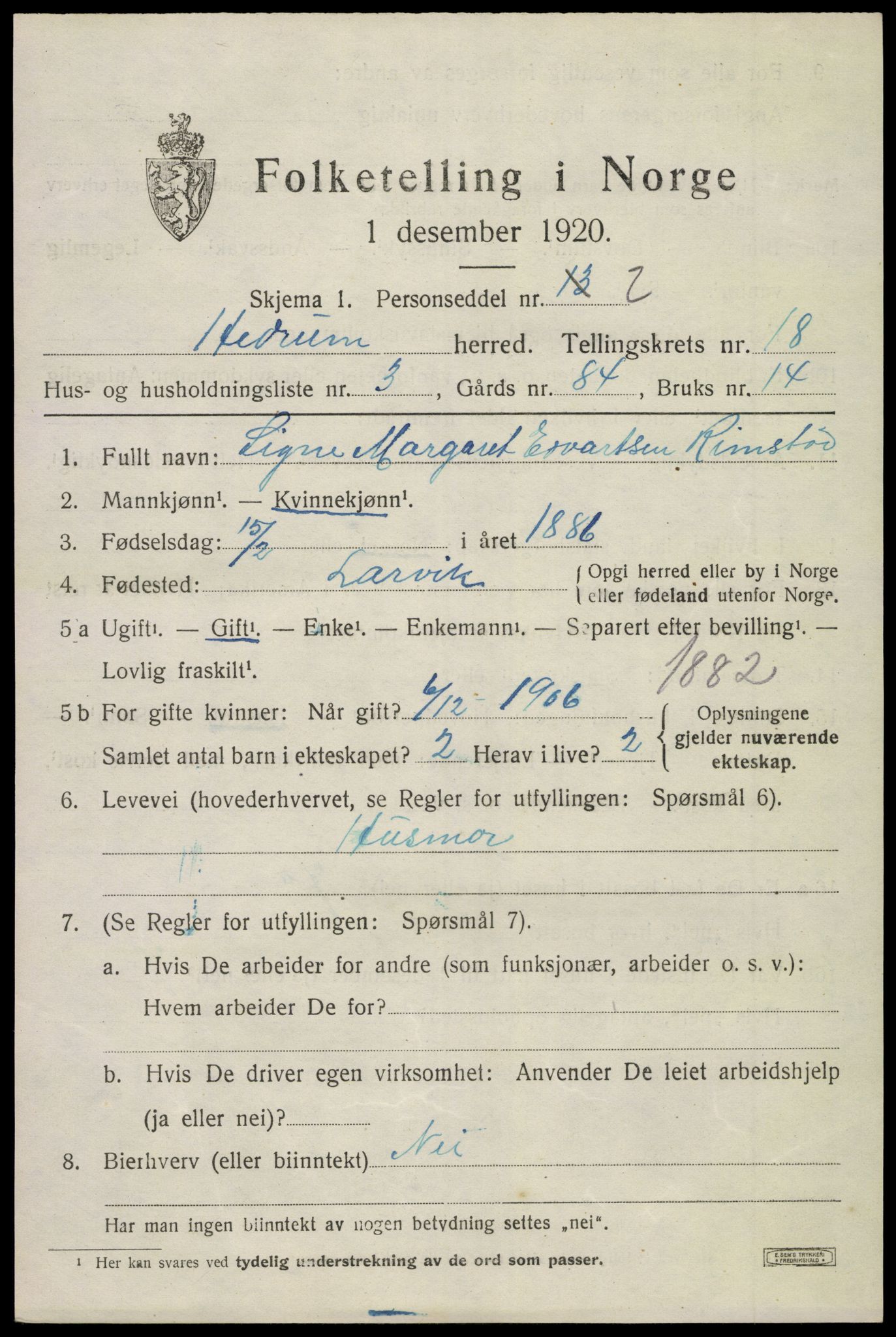 SAKO, Folketelling 1920 for 0727 Hedrum herred, 1920, s. 10821