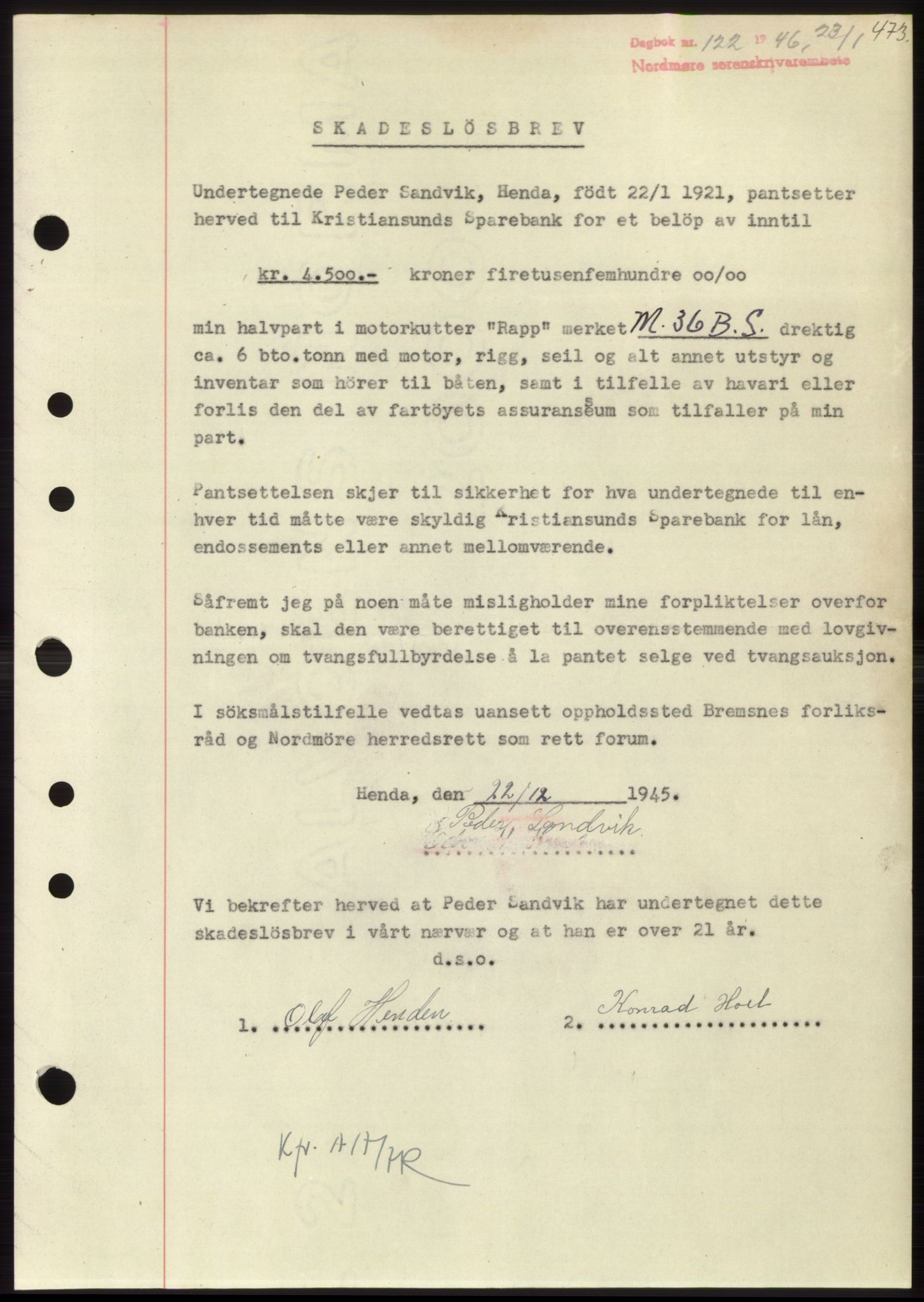 Nordmøre sorenskriveri, SAT/A-4132/1/2/2Ca: Pantebok nr. B93b, 1946-1946, Dagboknr: 122/1946