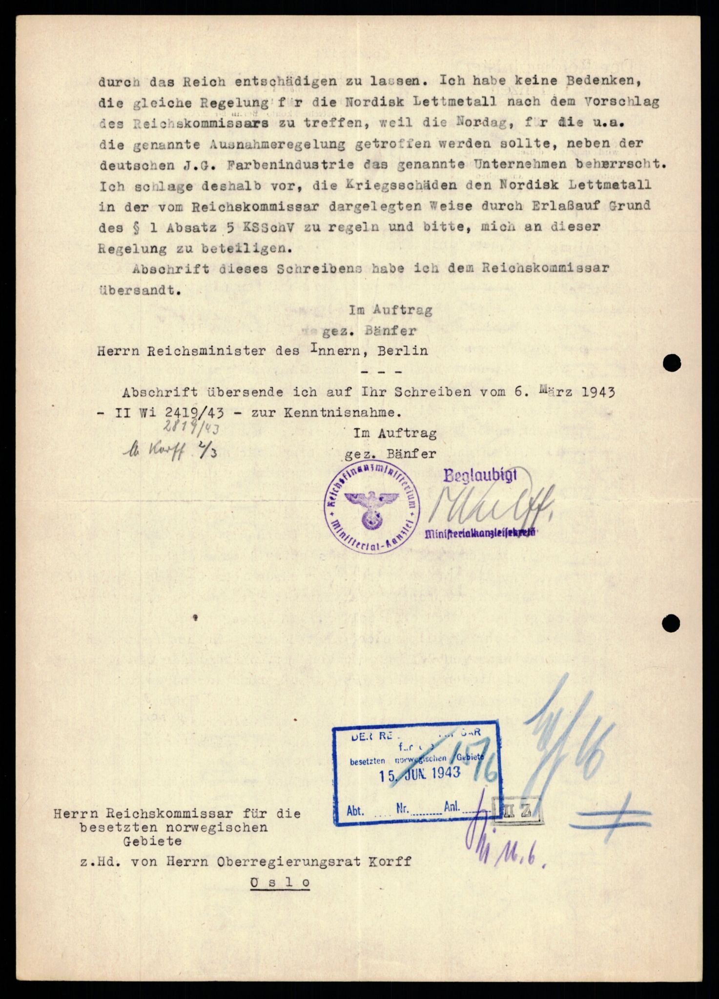 Forsvarets Overkommando. 2 kontor. Arkiv 11.4. Spredte tyske arkivsaker, AV/RA-RAFA-7031/D/Dar/Darb/L0003: Reichskommissariat - Hauptabteilung Vervaltung, 1940-1945, s. 185
