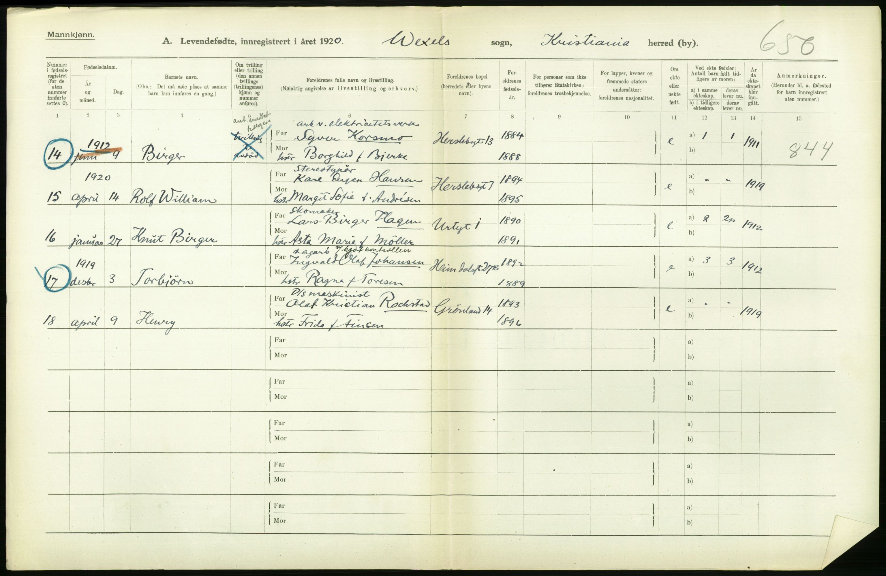 Statistisk sentralbyrå, Sosiodemografiske emner, Befolkning, AV/RA-S-2228/D/Df/Dfb/Dfbj/L0008: Kristiania: Levendefødte menn og kvinner., 1920, s. 290