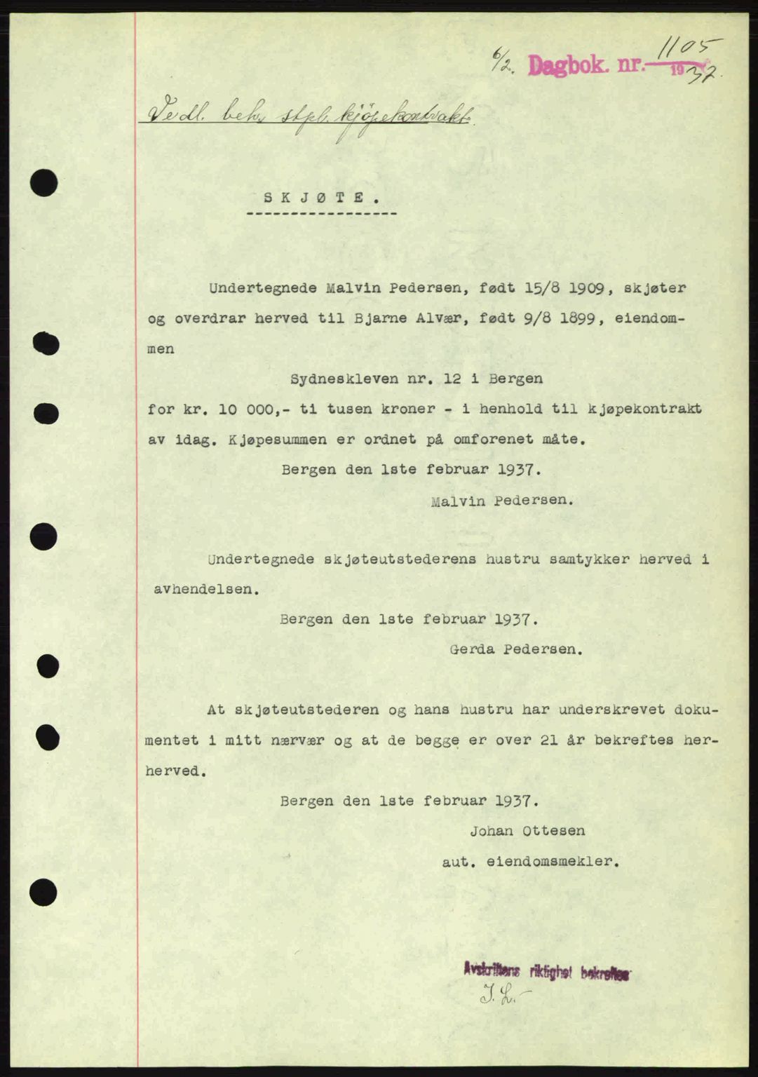Byfogd og Byskriver i Bergen, SAB/A-3401/03/03Bc/L0004: Pantebok nr. A3-4, 1936-1937, Dagboknr: 1105/1937