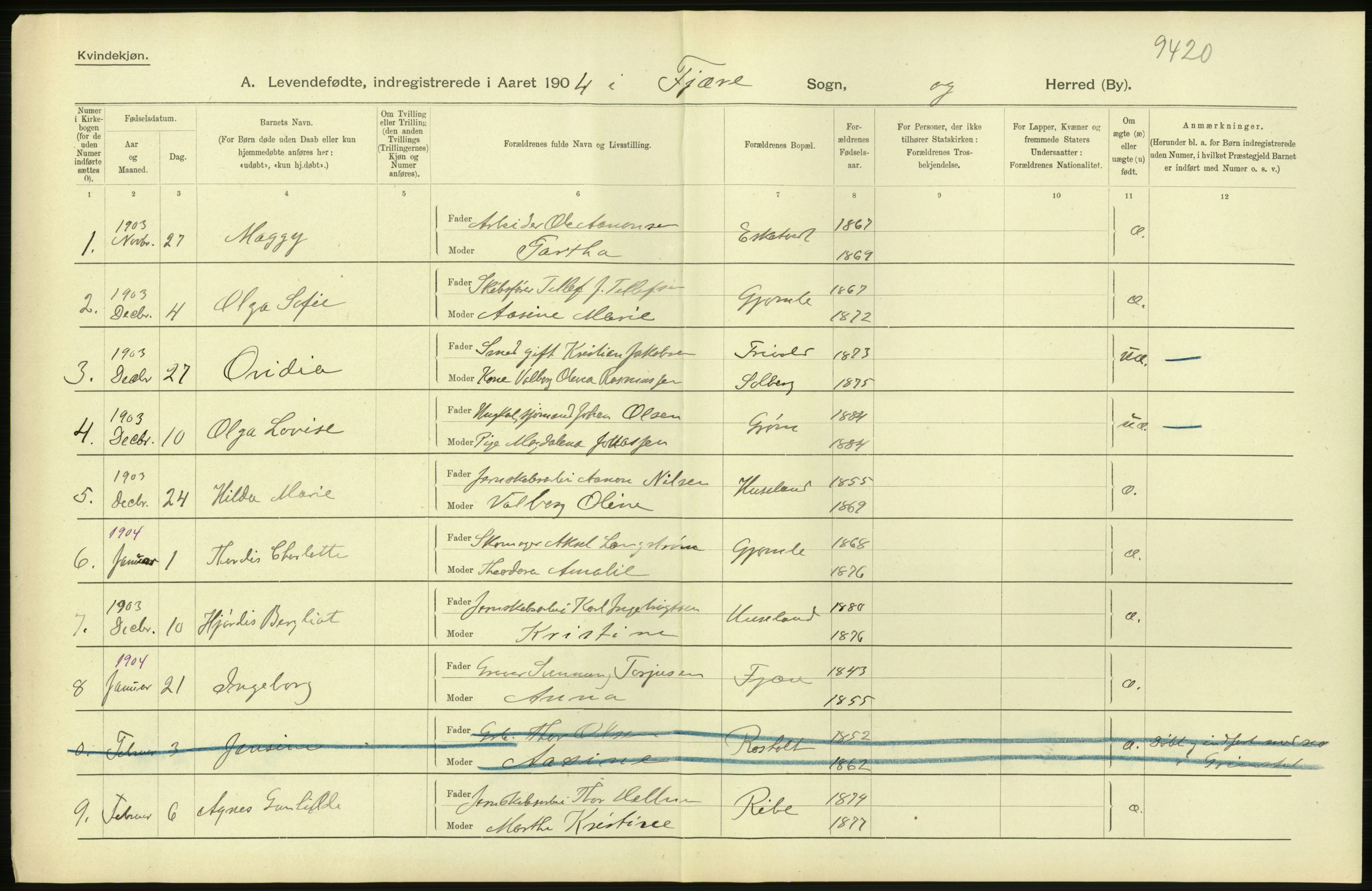 Statistisk sentralbyrå, Sosiodemografiske emner, Befolkning, AV/RA-S-2228/D/Df/Dfa/Dfab/L0010: Nedenes amt: Fødte, gifte, døde, 1904, s. 46