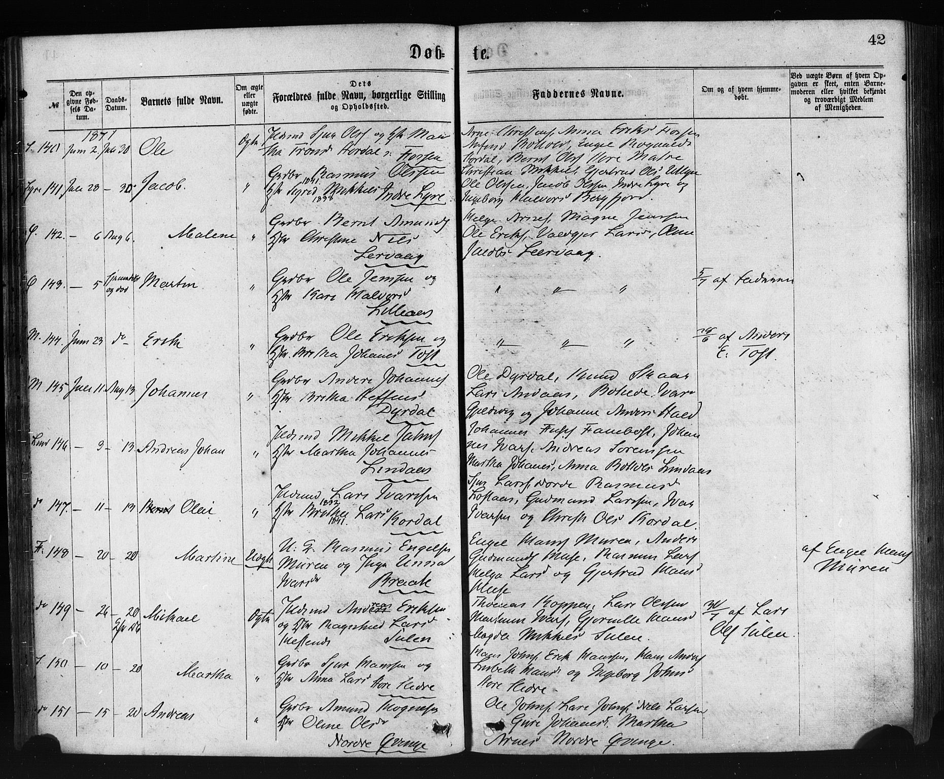 Lindås Sokneprestembete, AV/SAB-A-76701/H/Haa/Haaa/L0018: Ministerialbok nr. A 18, 1869-1885, s. 42