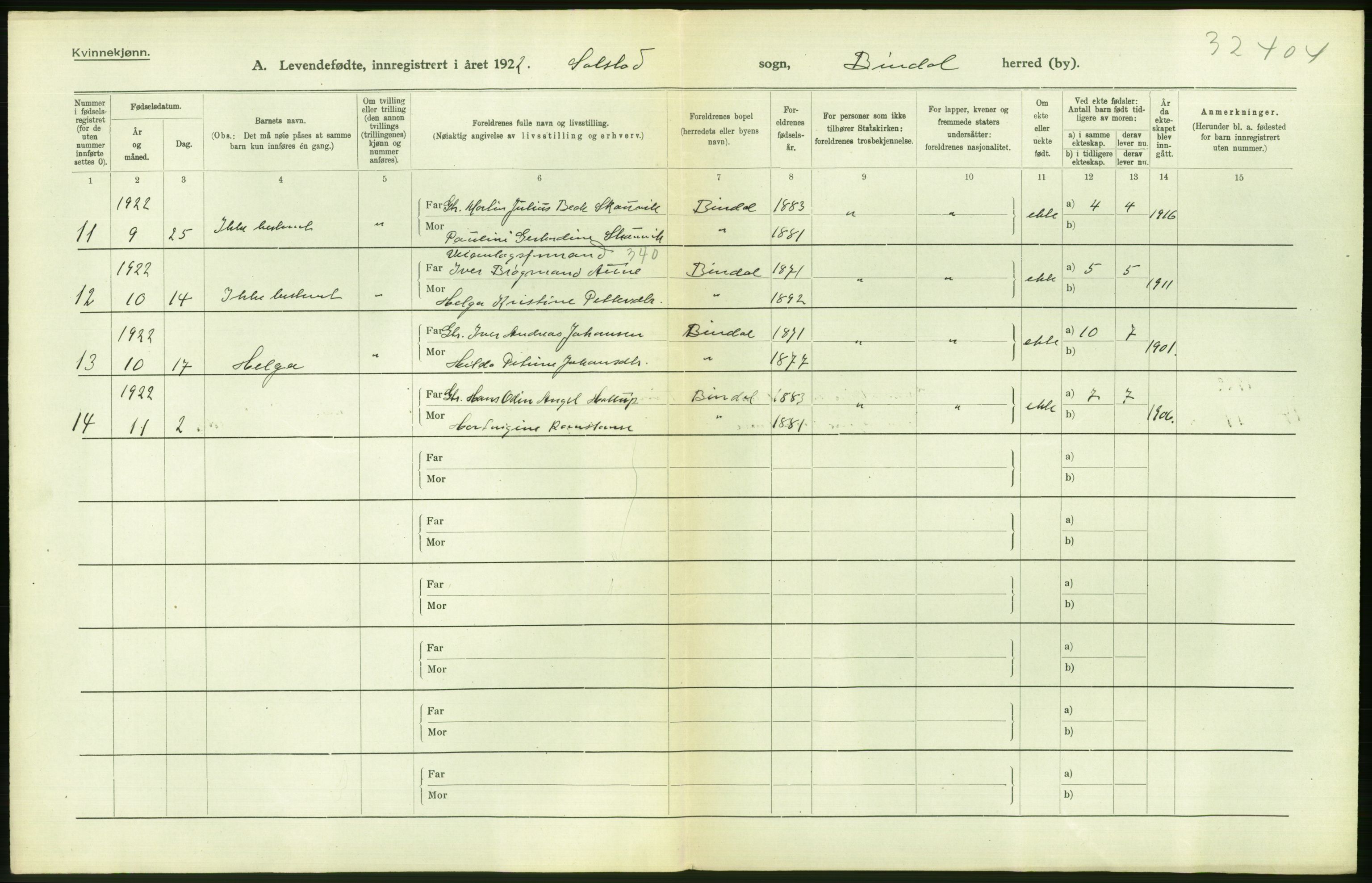 Statistisk sentralbyrå, Sosiodemografiske emner, Befolkning, AV/RA-S-2228/D/Df/Dfc/Dfcb/L0044: Nordland fylke: Levendefødte menn og kvinner. Bygder og byer., 1922, s. 498