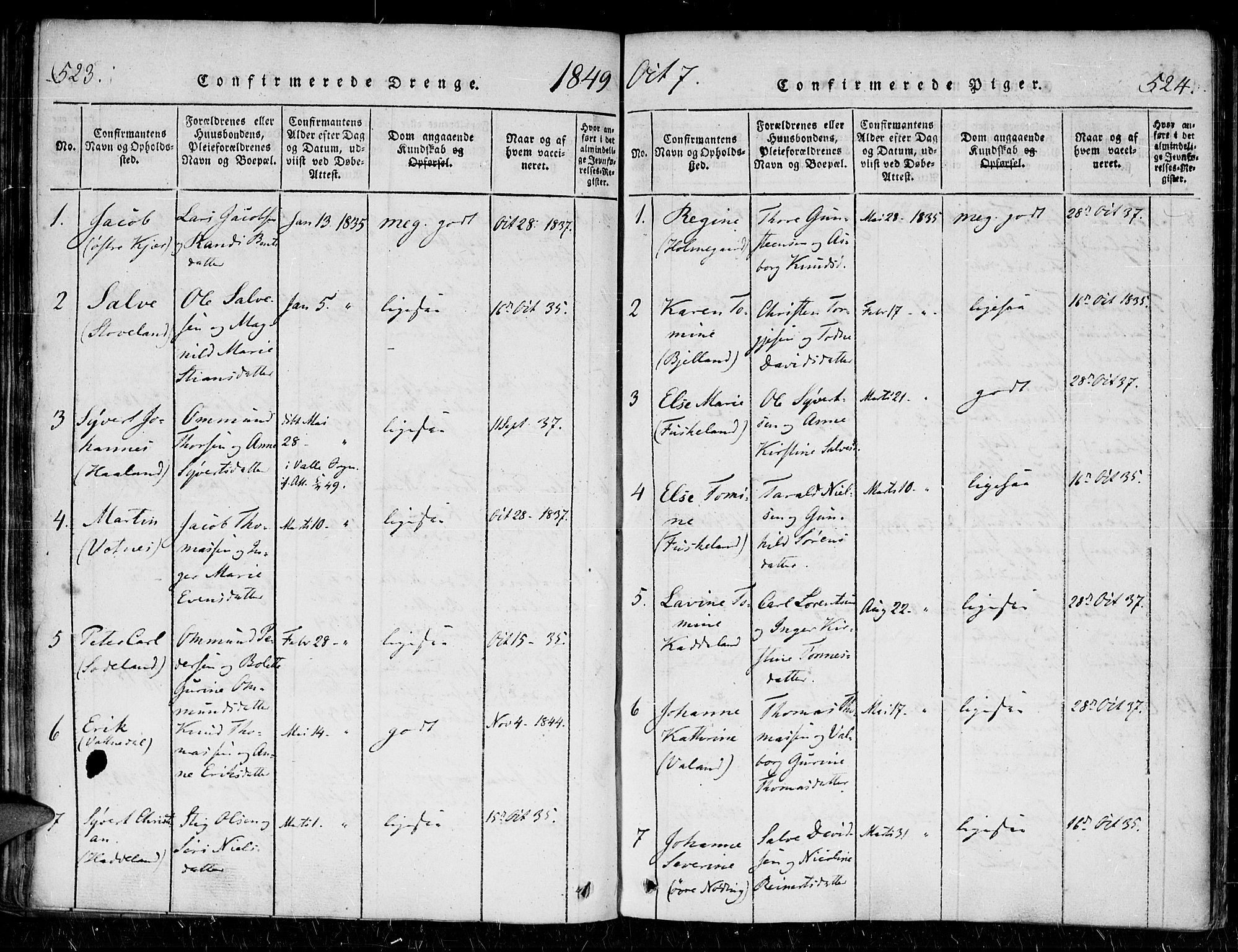Holum sokneprestkontor, SAK/1111-0022/F/Fa/Faa/L0004: Ministerialbok nr. A 4, 1820-1849, s. 523-524