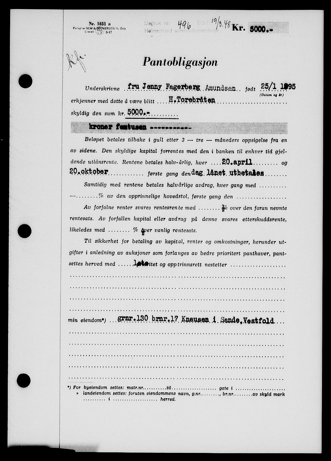 Holmestrand sorenskriveri, SAKO/A-67/G/Ga/Gab/L0058: Pantebok nr. B-58, 1947-1948, Dagboknr: 496/1948