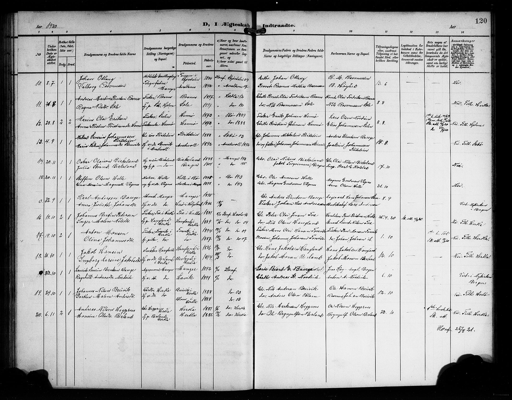 Manger sokneprestembete, AV/SAB-A-76801/H/Hab: Klokkerbok nr. A 2, 1902-1923, s. 120