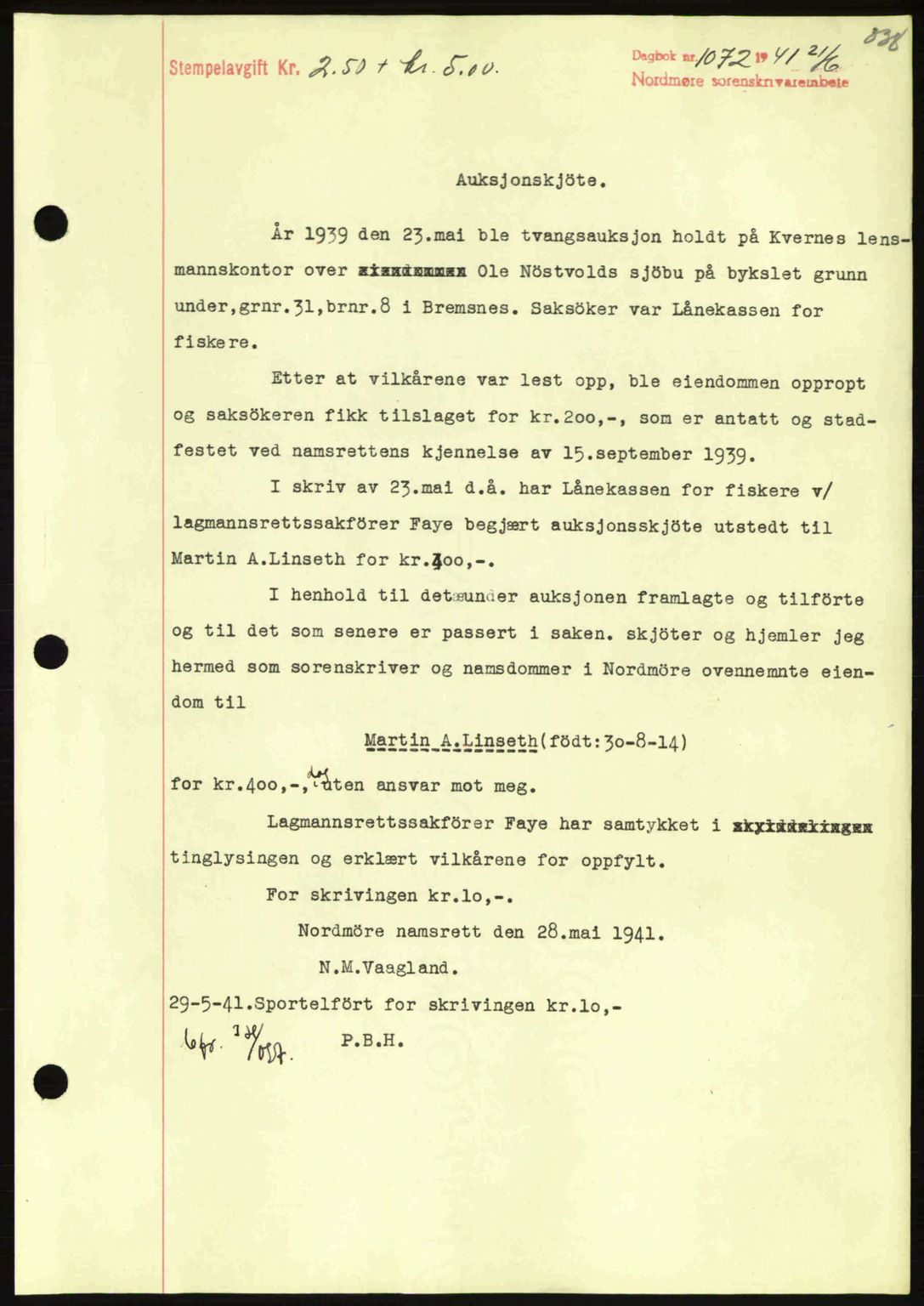 Nordmøre sorenskriveri, SAT/A-4132/1/2/2Ca: Pantebok nr. A90, 1941-1941, Dagboknr: 1072/1941