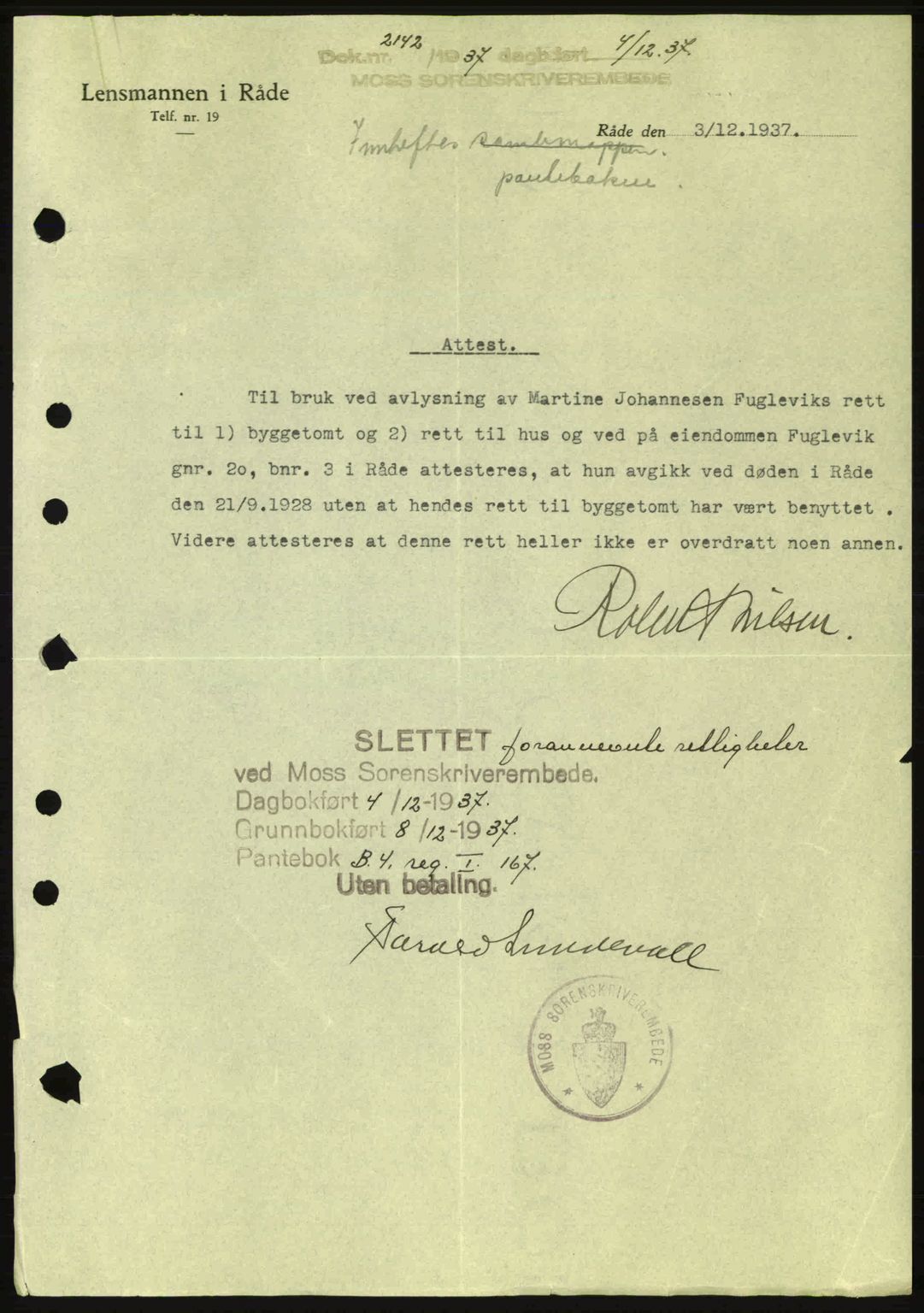 Moss sorenskriveri, SAO/A-10168: Pantebok nr. B4, 1937-1938, Dagboknr: 2142/1937
