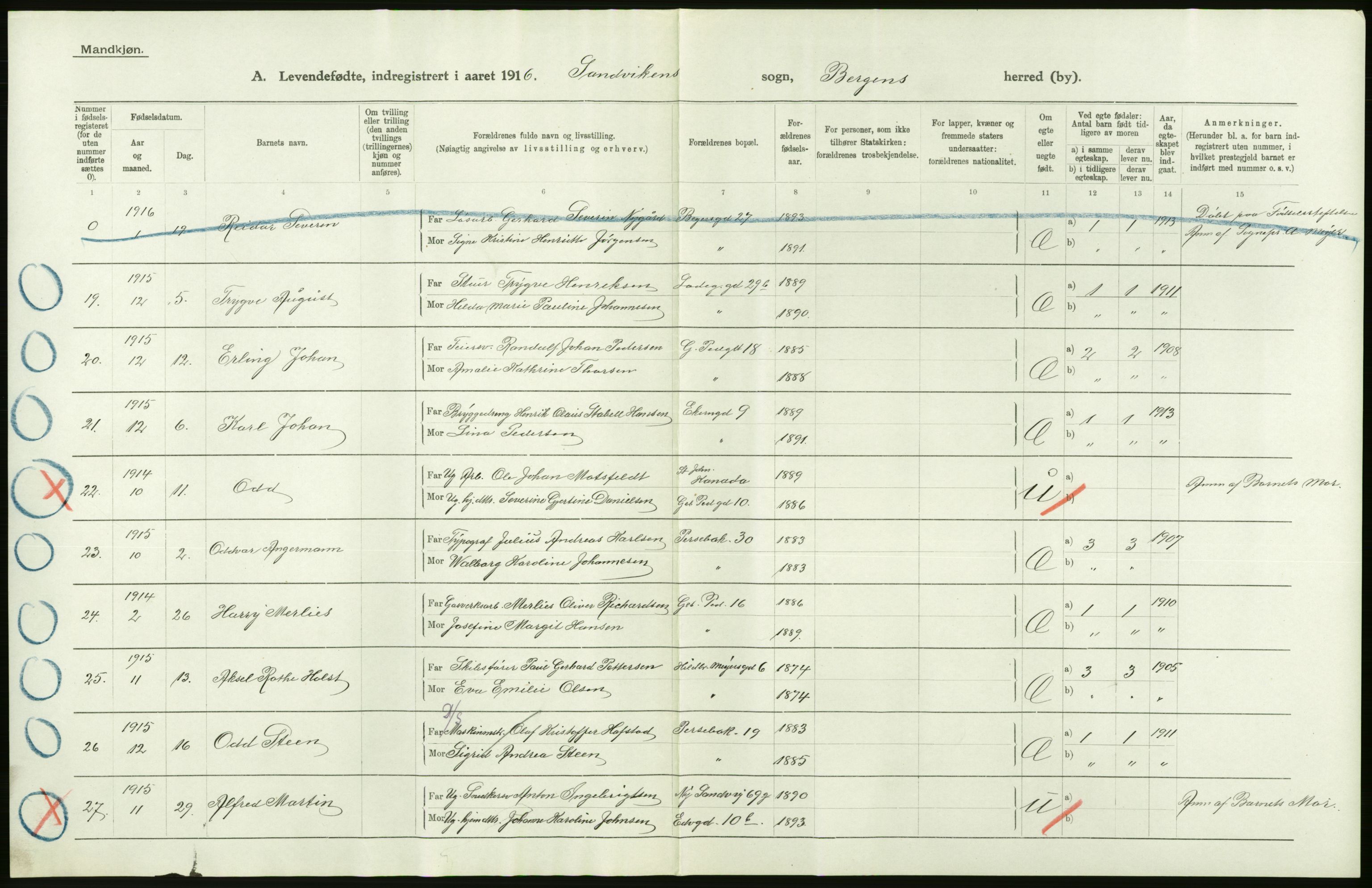 Statistisk sentralbyrå, Sosiodemografiske emner, Befolkning, AV/RA-S-2228/D/Df/Dfb/Dfbf/L0037: Bergen: Levendefødte menn og kvinner., 1916, s. 6
