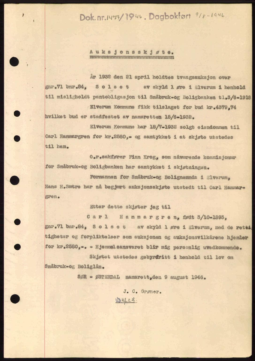 Sør-Østerdal sorenskriveri, AV/SAH-TING-018/H/Hb/Hbb/L0074: Pantebok nr. A74, 1946-1946, Dagboknr: 1477/1946