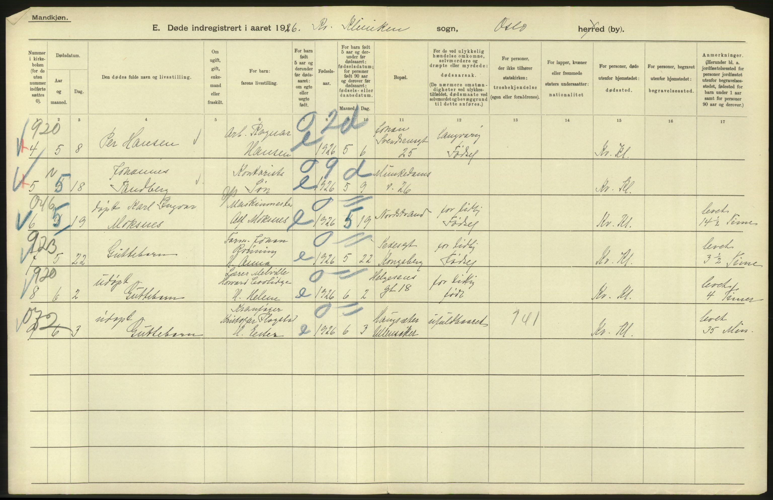 Statistisk sentralbyrå, Sosiodemografiske emner, Befolkning, AV/RA-S-2228/D/Df/Dfc/Dfcf/L0009: Oslo: Døde menn, 1926, s. 612