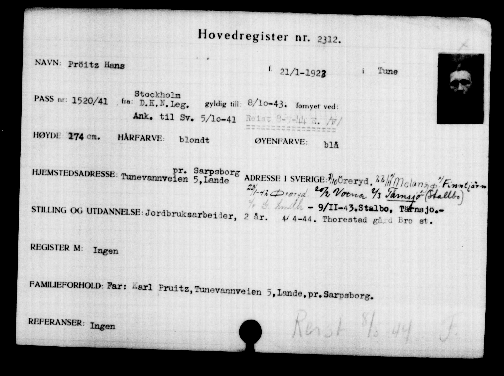Utenriksstasjonene, Legasjonen i Stockholm, Flyktningkontoret, AV/RA-S-6753/V/Va/L0003: Kjesäterkartoteket, flyktninger med registreringsnr. 2001-3495, 1940-1945, s. 441