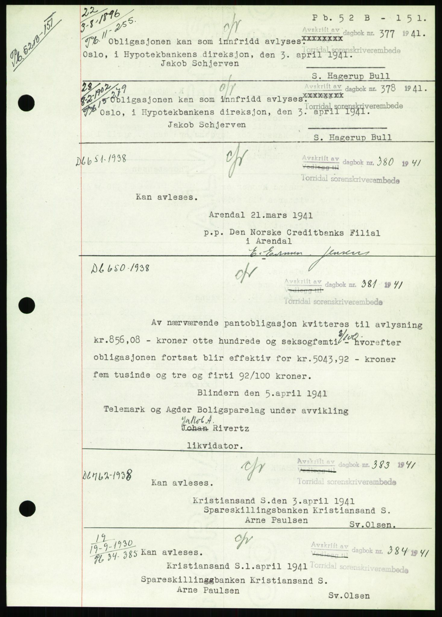 Torridal sorenskriveri, SAK/1221-0012/G/Gb/Gbb/L0008: Pantebok nr. 52b, 1940-1942, Dagboknr: 377/1941