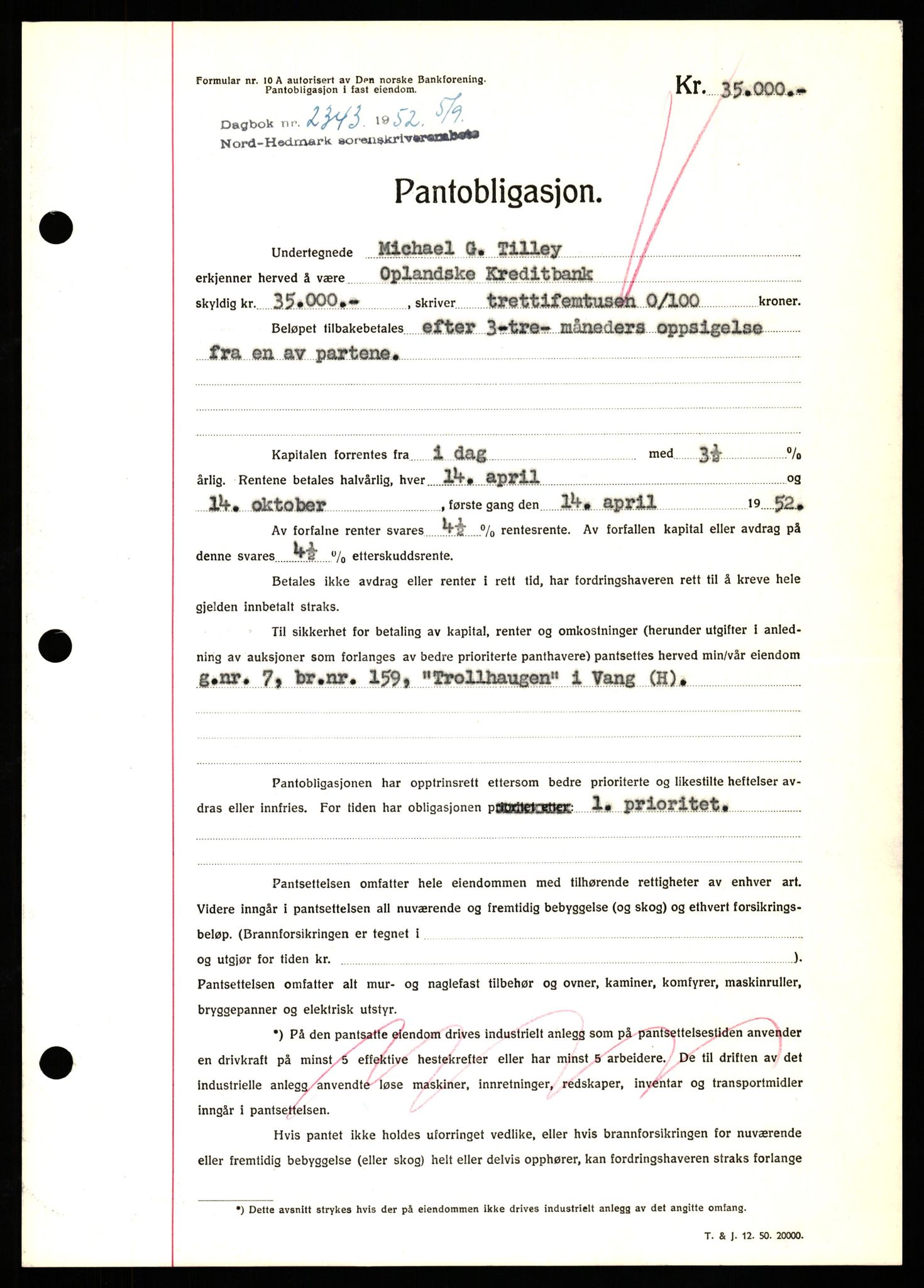 Nord-Hedmark sorenskriveri, SAH/TING-012/H/Hb/Hbf/L0025: Pantebok nr. B25, 1952-1952, Dagboknr: 2343/1952