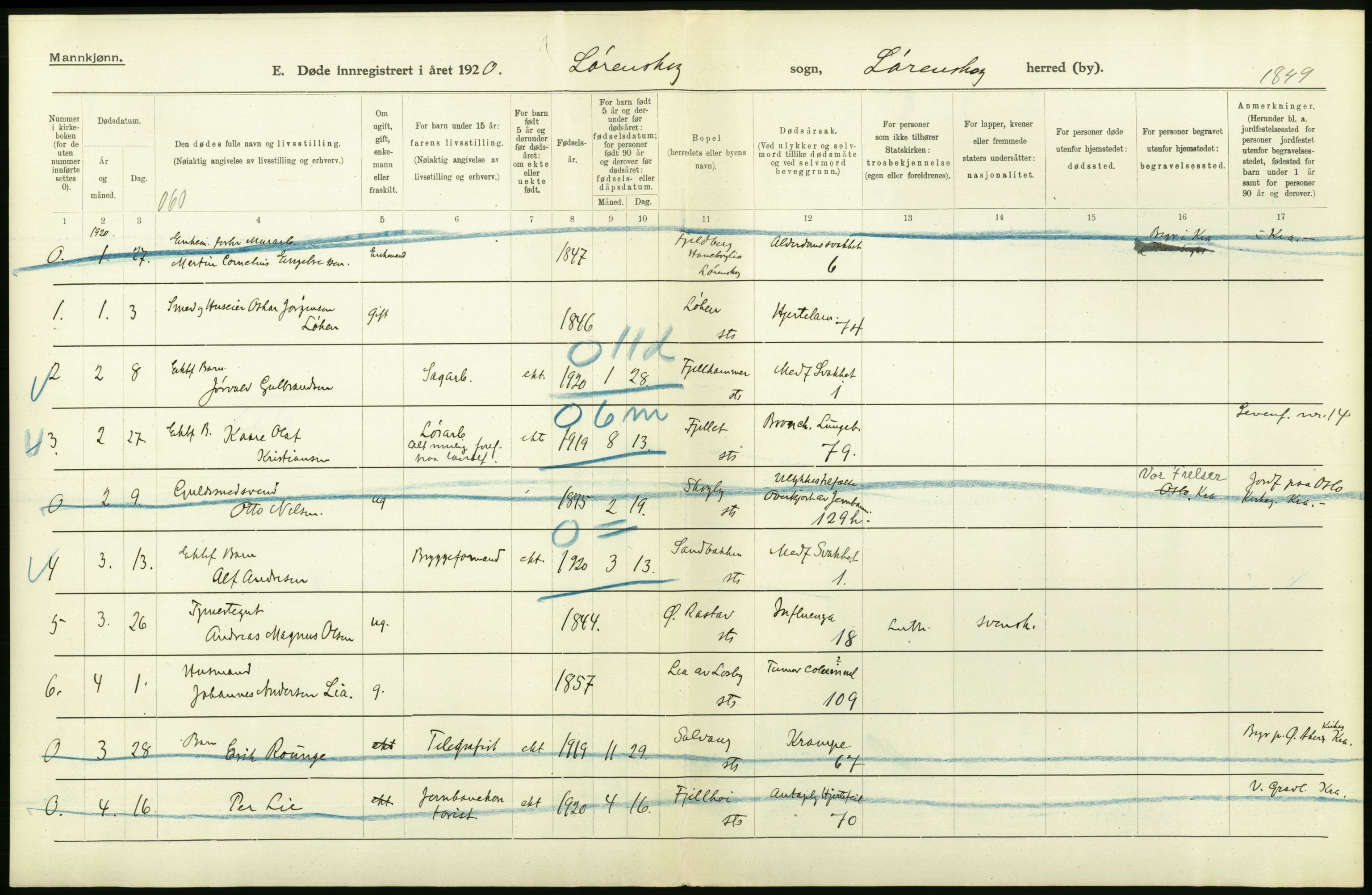 Statistisk sentralbyrå, Sosiodemografiske emner, Befolkning, AV/RA-S-2228/D/Df/Dfb/Dfbj/L0007: Akershus fylke: Døde. Bygder og byer., 1920, s. 184