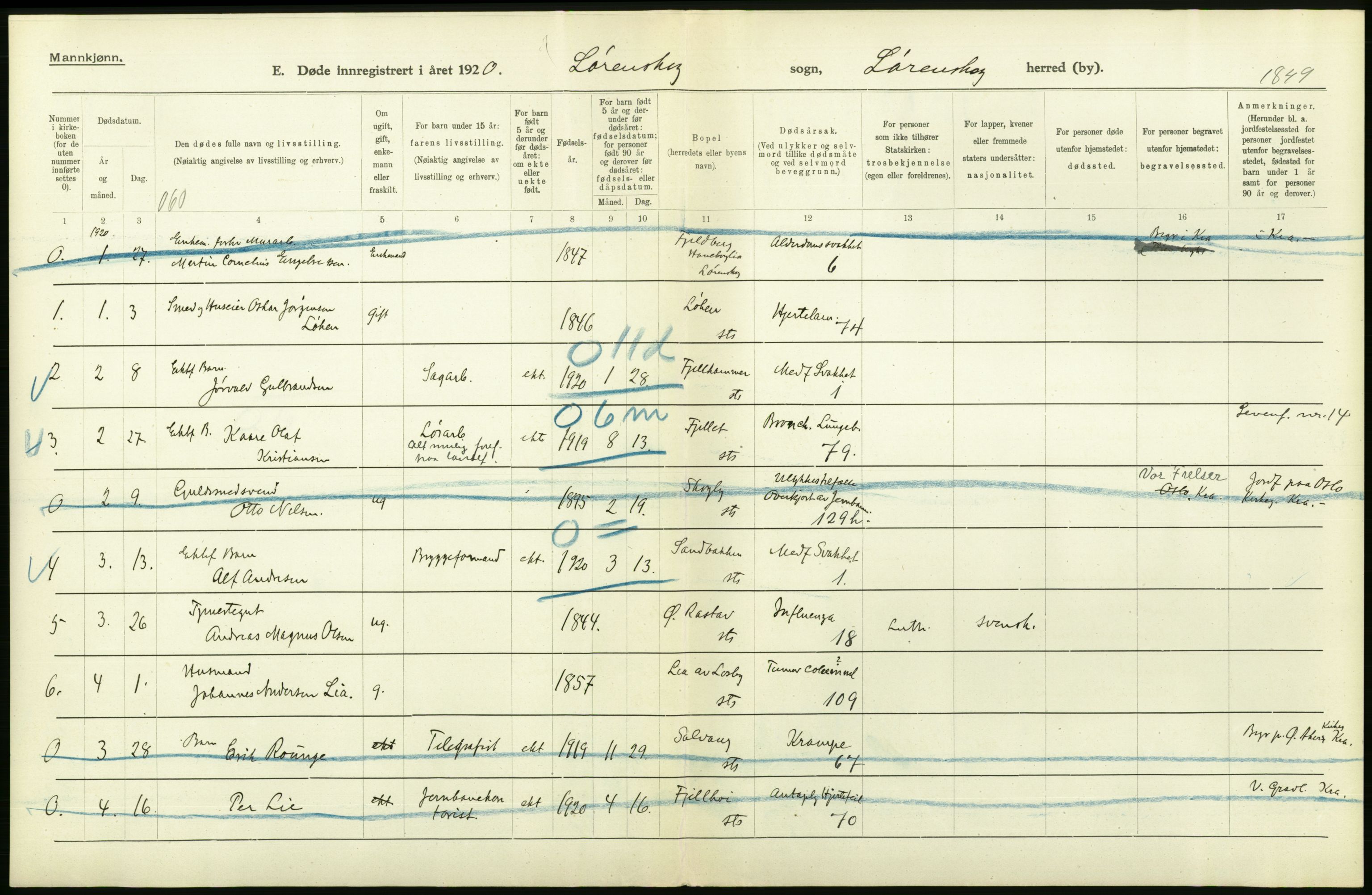 Statistisk sentralbyrå, Sosiodemografiske emner, Befolkning, RA/S-2228/D/Df/Dfb/Dfbj/L0007: Akershus fylke: Døde. Bygder og byer., 1920, s. 184