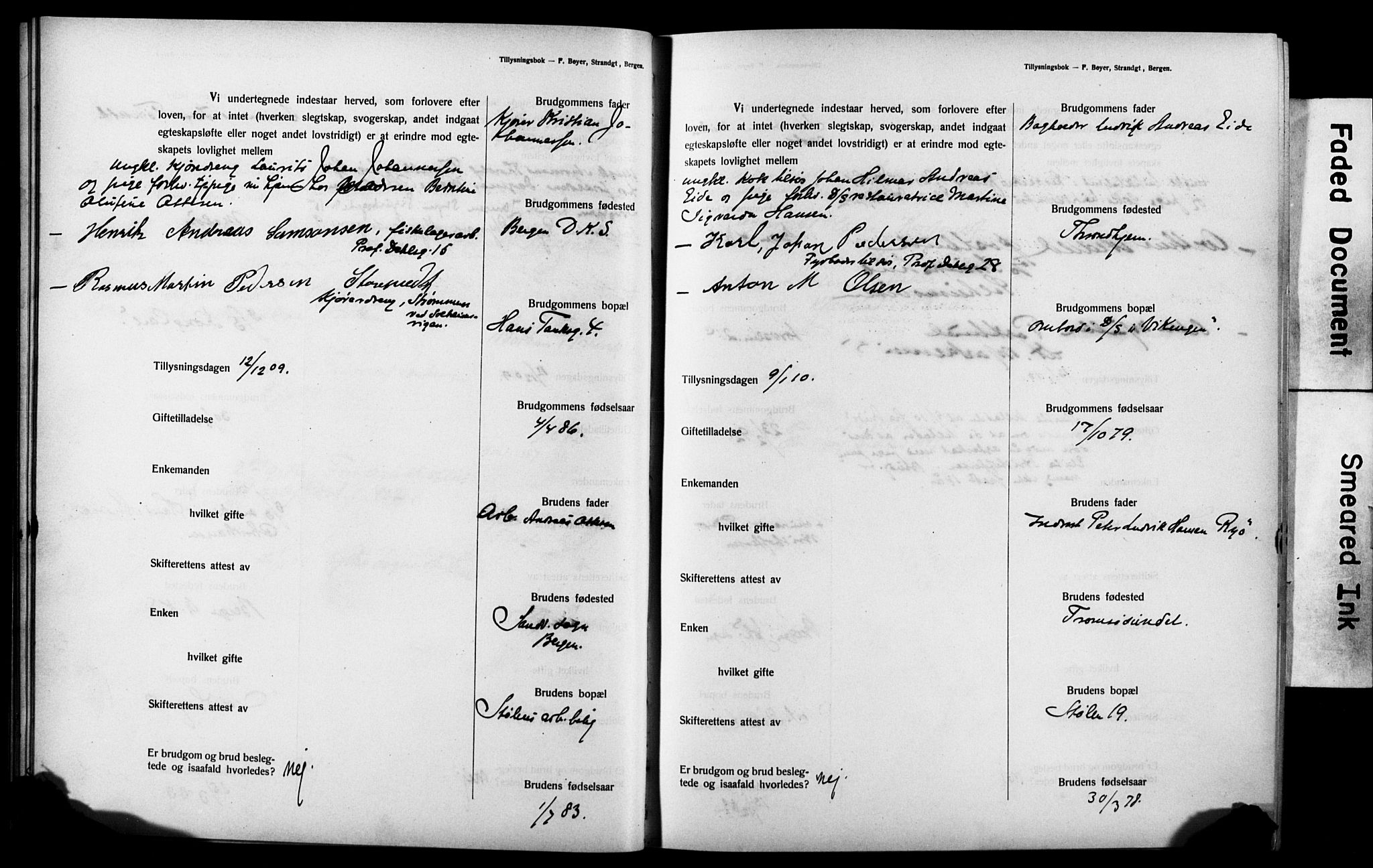 Mariakirken Sokneprestembete, SAB/A-76901: Forlovererklæringer nr. II.5.3, 1909-1917, s. 14