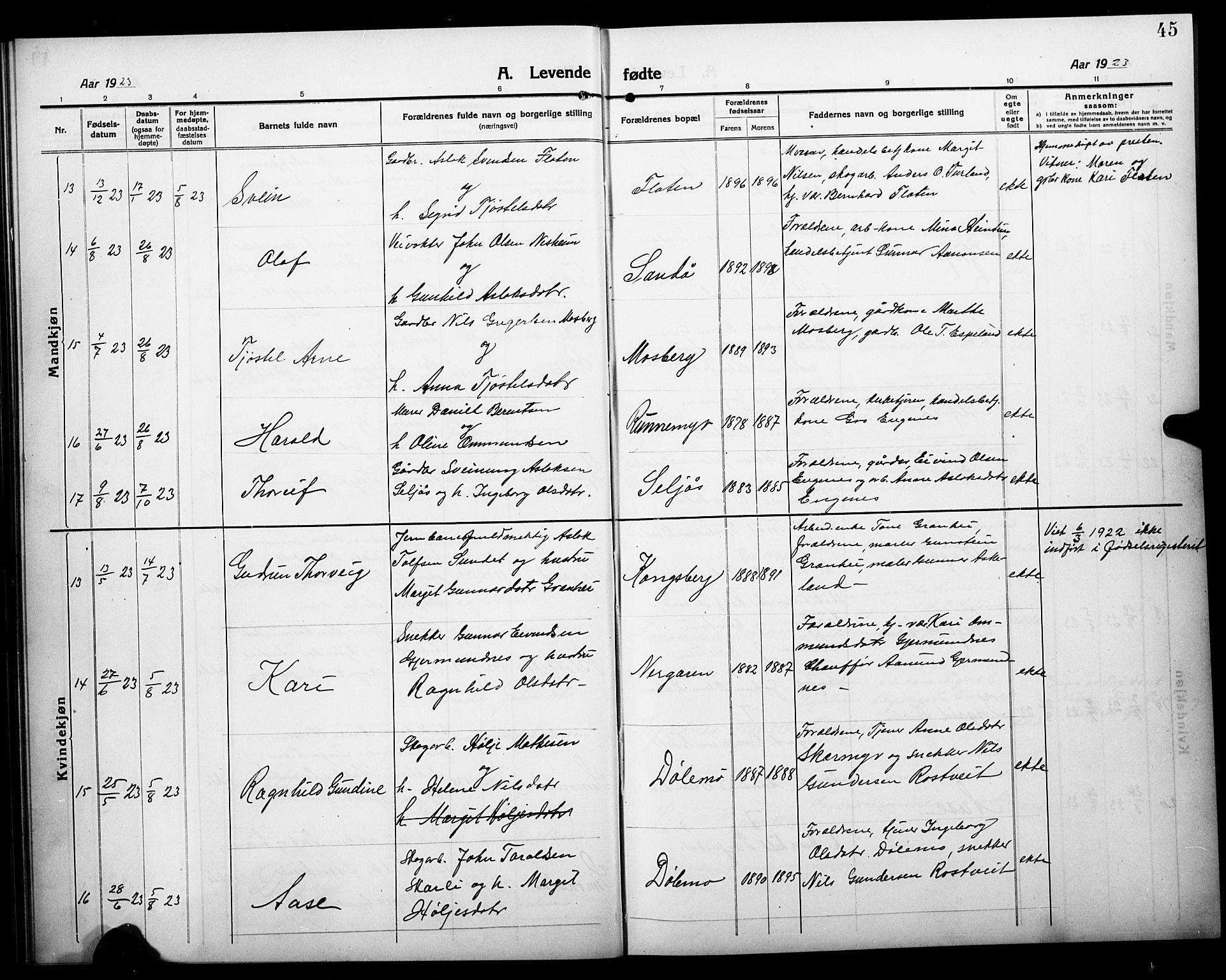 Åmli sokneprestkontor, AV/SAK-1111-0050/F/Fb/Fbc/L0006: Klokkerbok nr. B 6, 1915-1929, s. 45