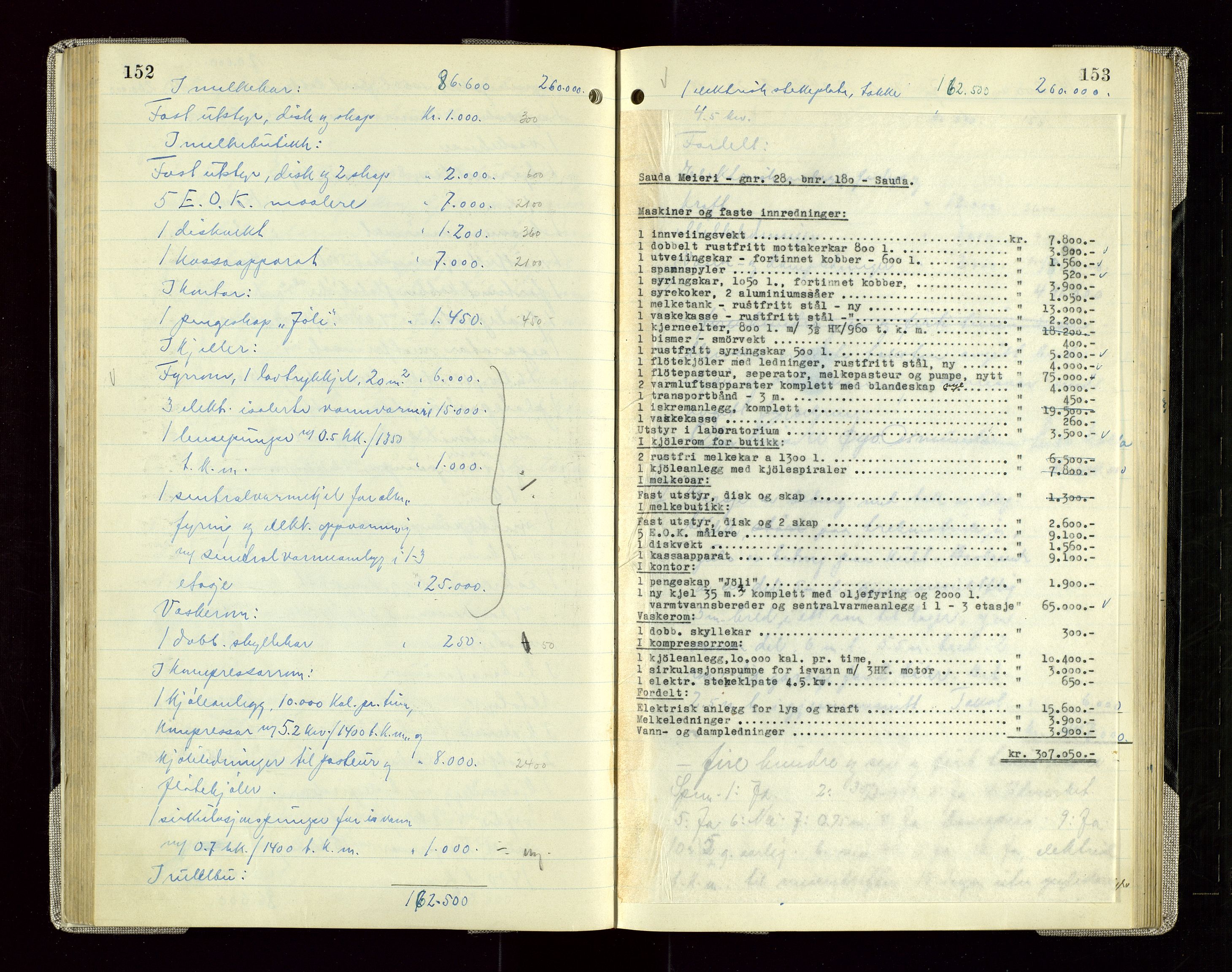 Sauda lensmannskontor, AV/SAST-A-100177/Goa/L0005: "Branntakstprotokoll for Sauda lensmannsdistrikt", 1946-1955, s. 152-153