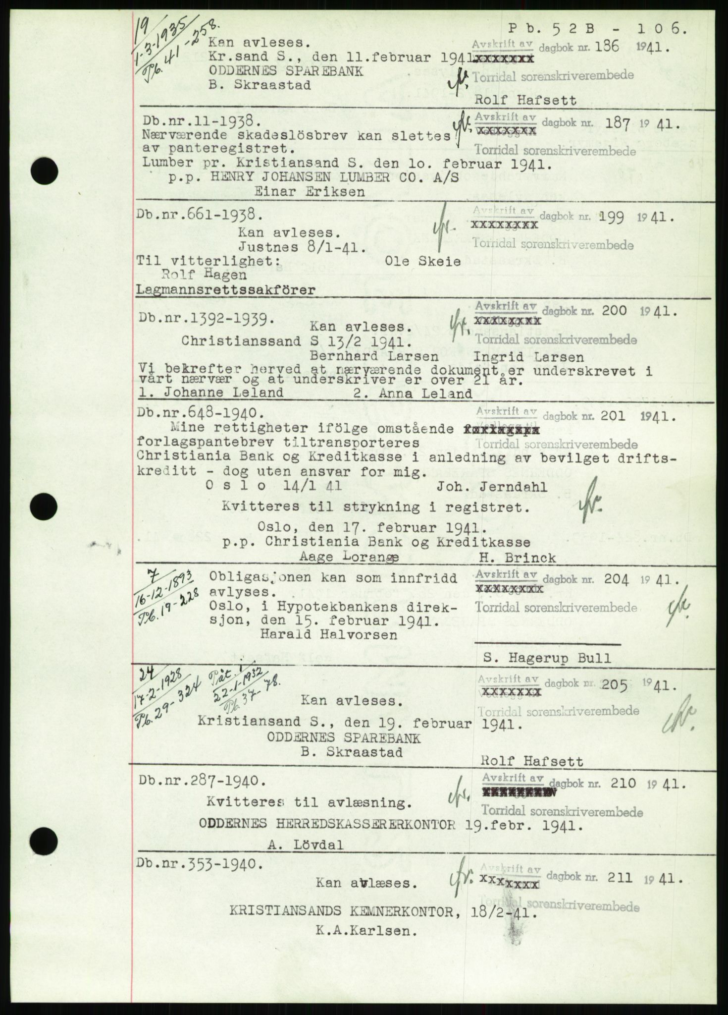 Torridal sorenskriveri, SAK/1221-0012/G/Gb/Gbb/L0008: Pantebok nr. 52b, 1940-1942, Dagboknr: 186/1941