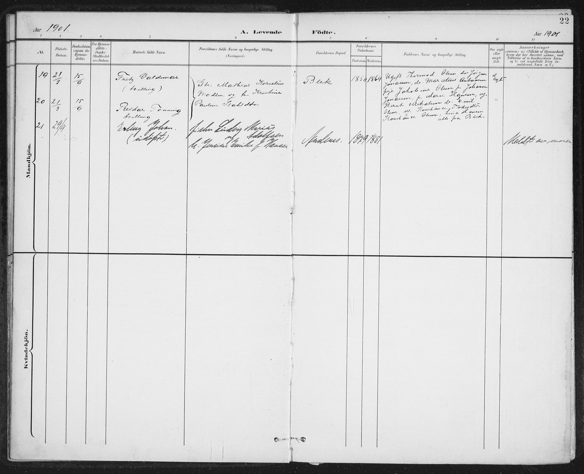 Ministerialprotokoller, klokkerbøker og fødselsregistre - Nordland, SAT/A-1459/899/L1437: Ministerialbok nr. 899A05, 1897-1908, s. 22