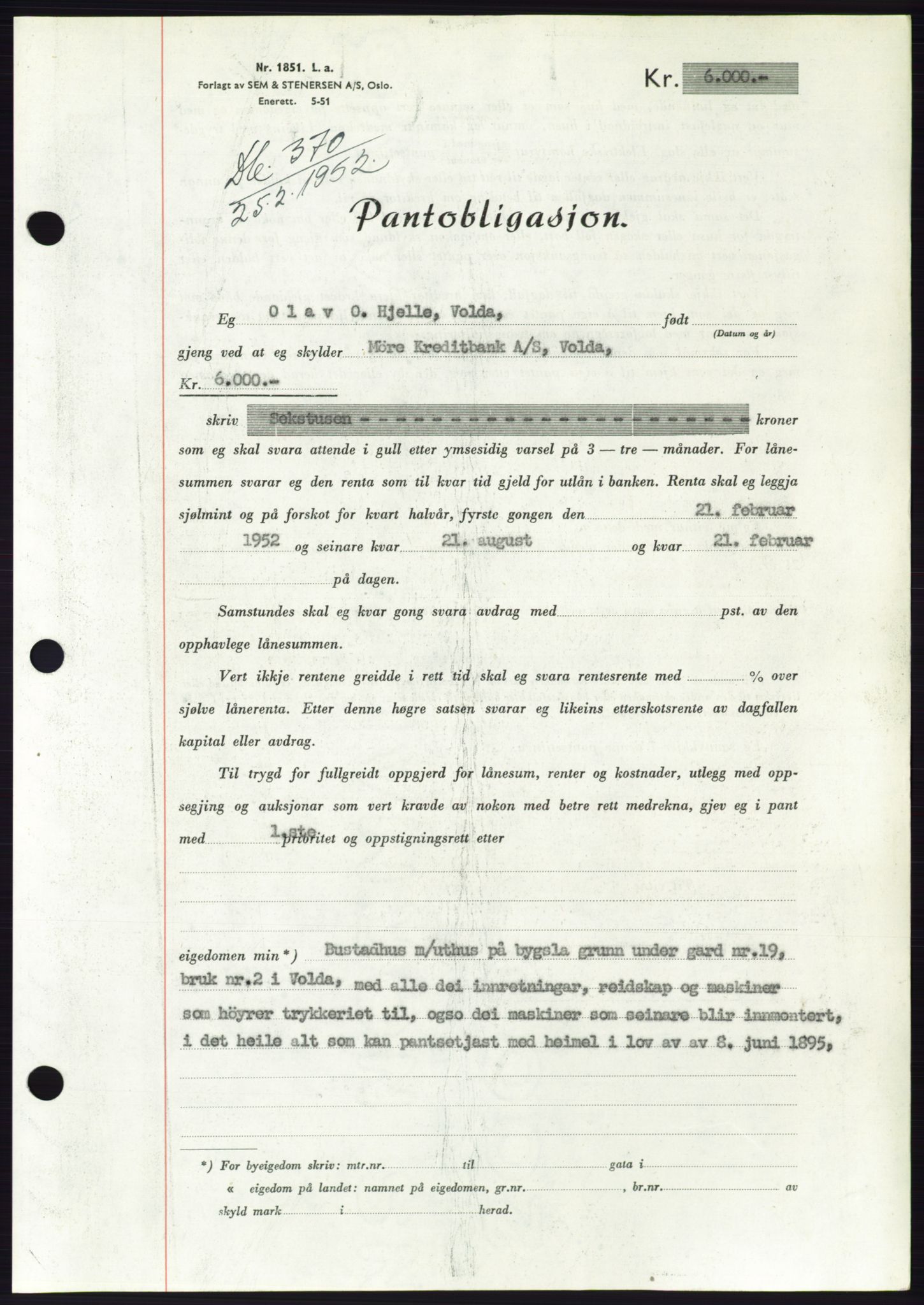 Søre Sunnmøre sorenskriveri, AV/SAT-A-4122/1/2/2C/L0121: Pantebok nr. 9B, 1951-1952, Dagboknr: 370/1952