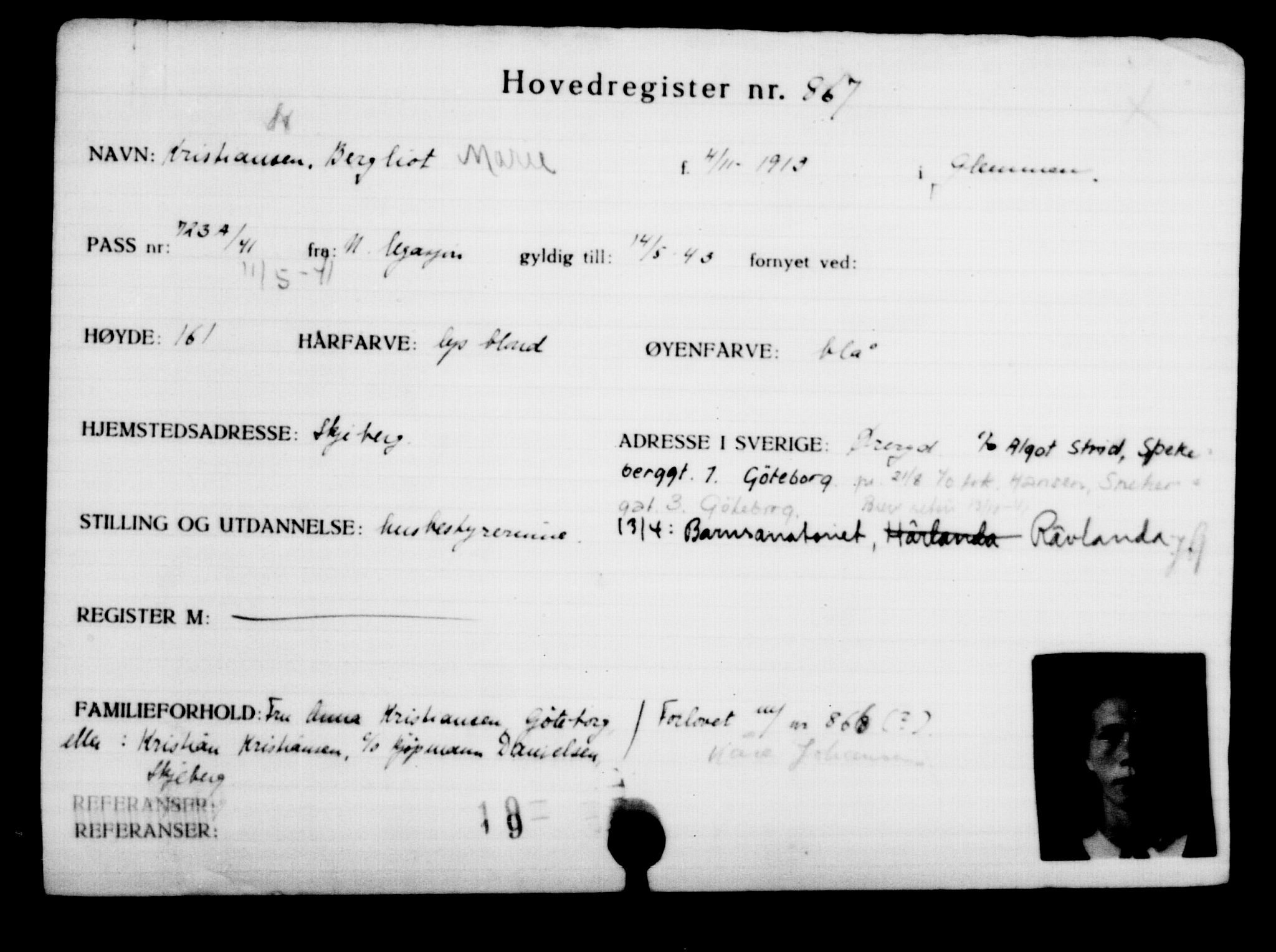Utenriksstasjonene, Legasjonen i Stockholm, Flyktningkontoret, AV/RA-S-6753/V/Va/L0001: Kjesäterkartoteket, flyktninger med registreringsnr. 1-1000, 1940-1945, s. 1378
