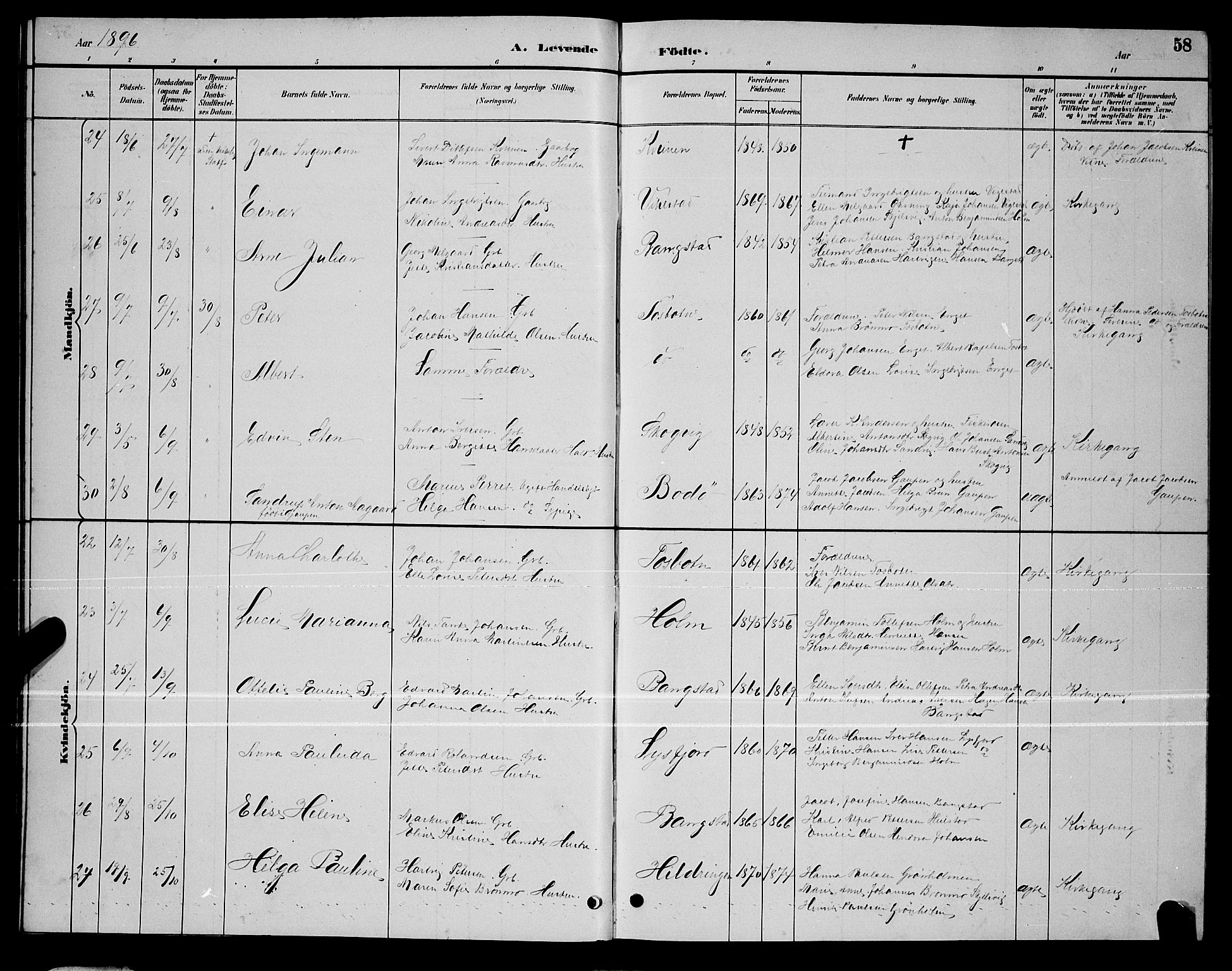 Ministerialprotokoller, klokkerbøker og fødselsregistre - Nordland, SAT/A-1459/810/L0160: Klokkerbok nr. 810C03, 1884-1896, s. 58