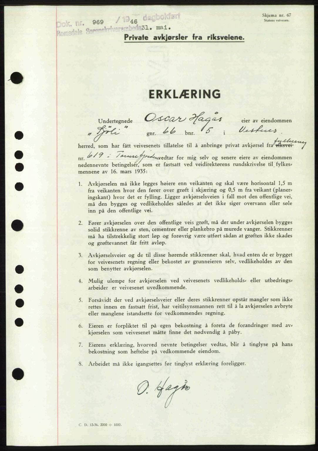 Romsdal sorenskriveri, SAT/A-4149/1/2/2C: Pantebok nr. A19, 1946-1946, Dagboknr: 969/1946