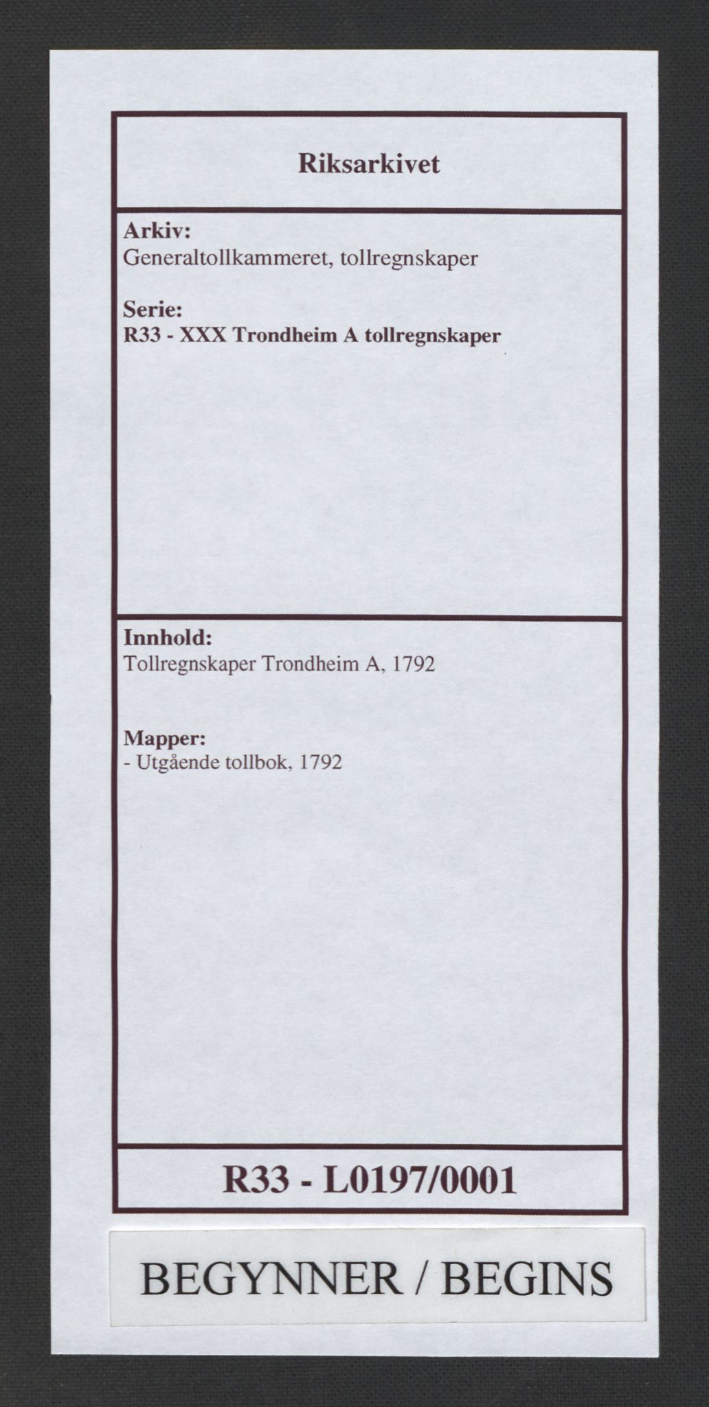 Generaltollkammeret, tollregnskaper, RA/EA-5490/R33/L0197/0001: Tollregnskaper Trondheim A / Utgående tollbok, 1790-1792