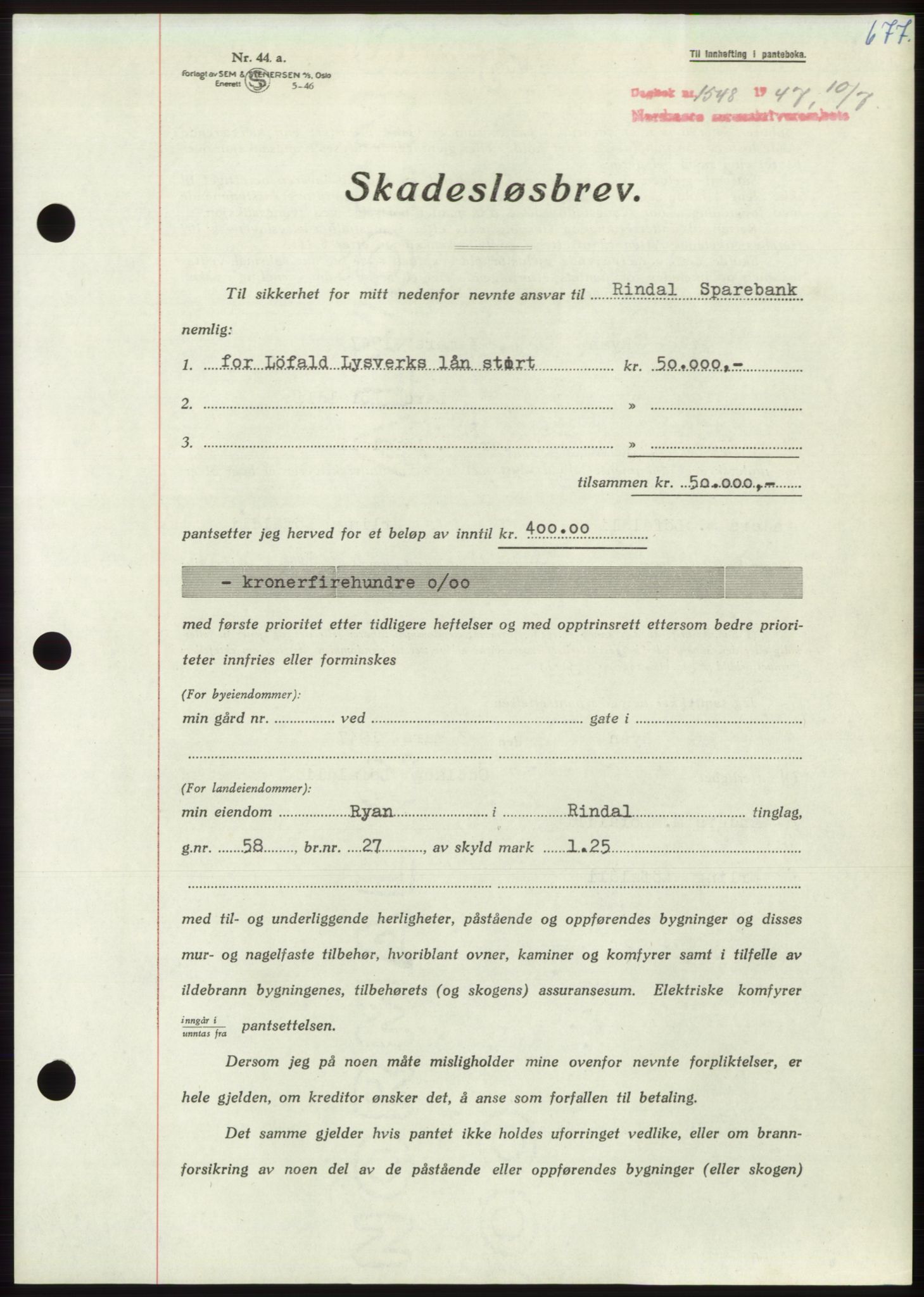 Nordmøre sorenskriveri, SAT/A-4132/1/2/2Ca: Pantebok nr. B96, 1947-1947, Dagboknr: 1548/1947