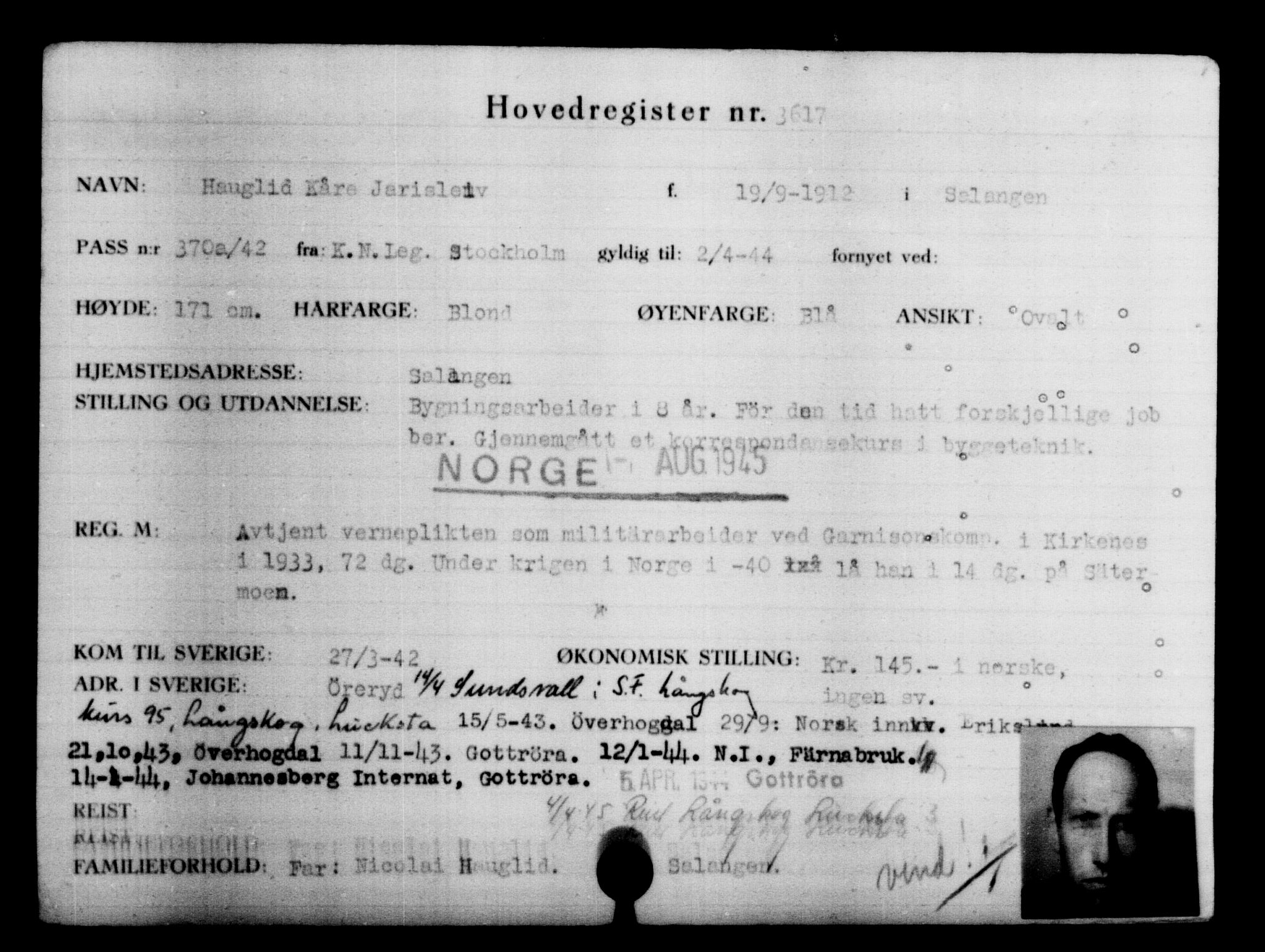 Utenriksstasjonene, Legasjonen i Stockholm, Flyktningkontoret, AV/RA-S-6753/V/Va/L0004: Kjesäterkartoteket, flyktninger med registreringsnr. 3496-6610, 1940-1945, s. 139