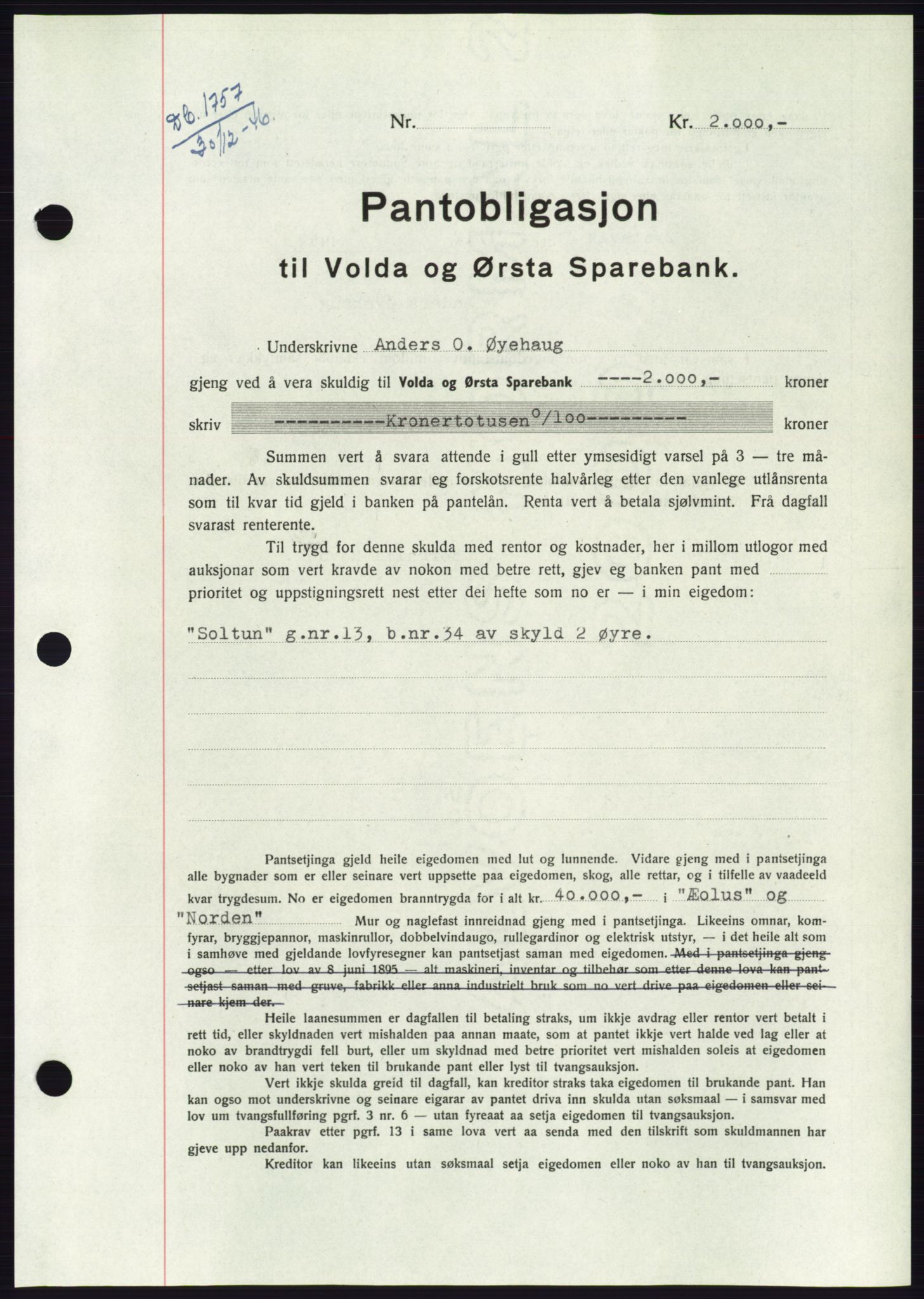 Søre Sunnmøre sorenskriveri, AV/SAT-A-4122/1/2/2C/L0114: Pantebok nr. 1-2B, 1943-1947, Dagboknr: 1757/1946