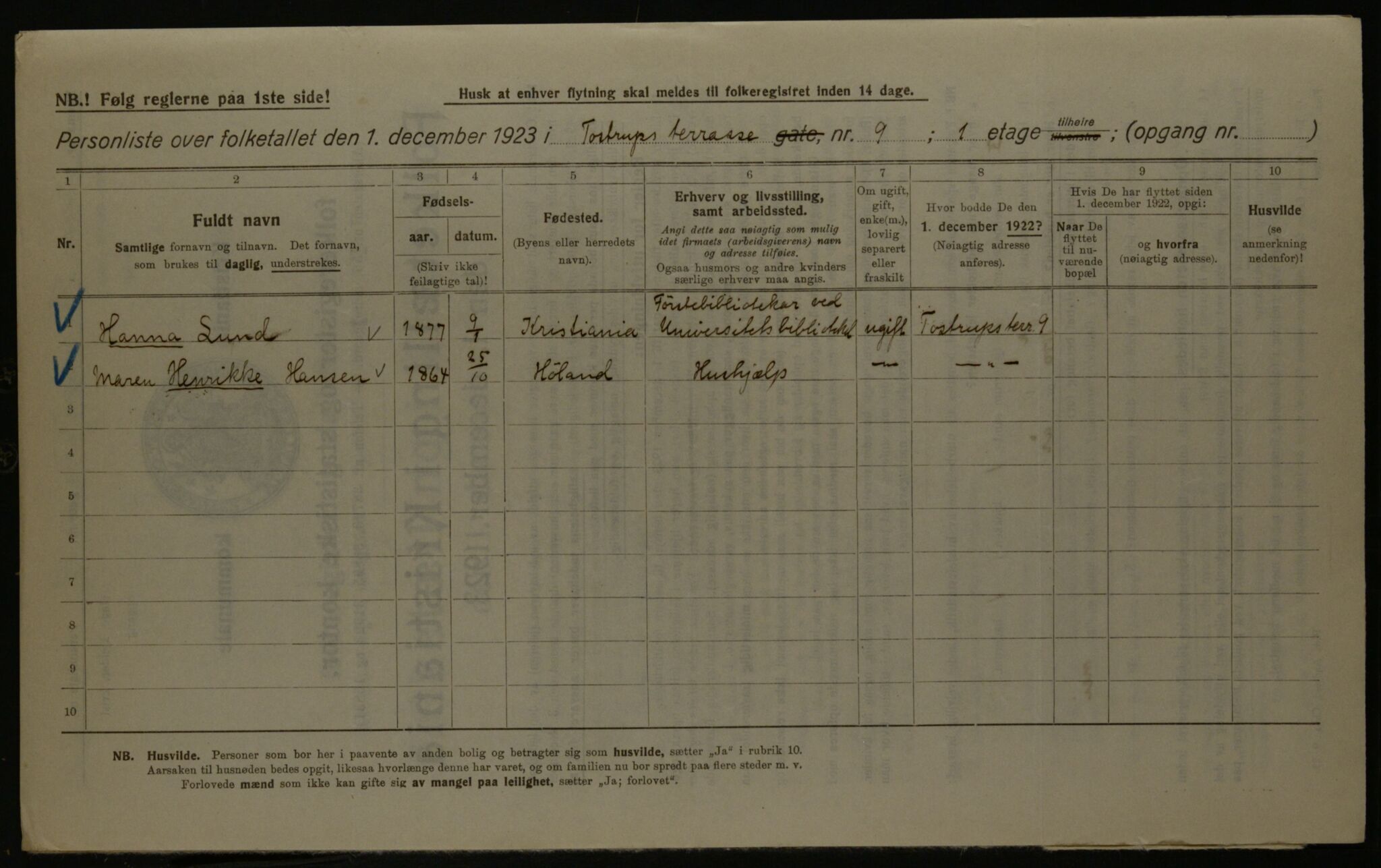 OBA, Kommunal folketelling 1.12.1923 for Kristiania, 1923, s. 127099