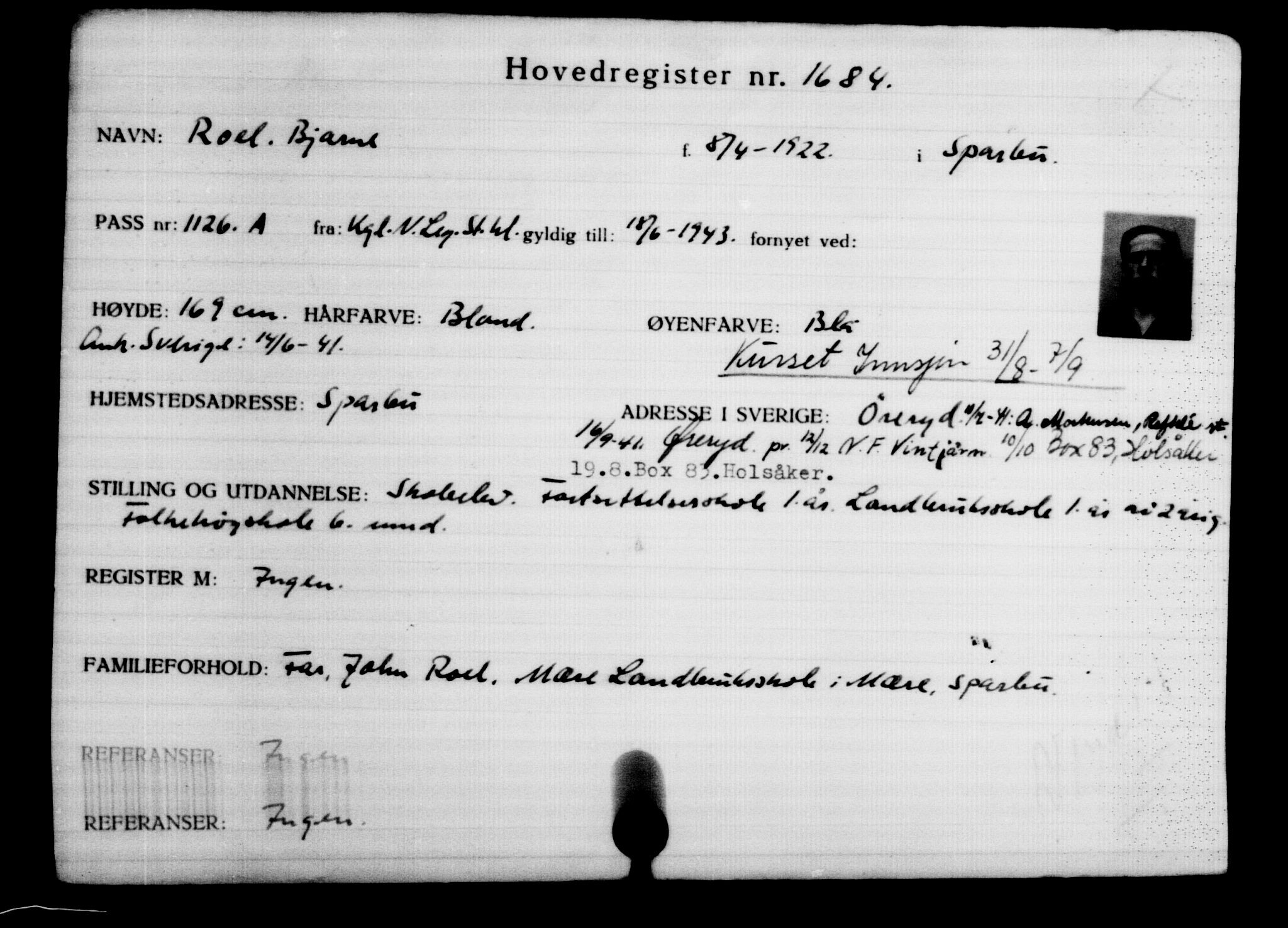 Utenriksstasjonene, Legasjonen i Stockholm, Flyktningkontoret, AV/RA-S-6753/V/Va/L0002: Kjesäterkartoteket, flyktninger med registreringsnr. 1001-2000, 1940-1945, s. 968