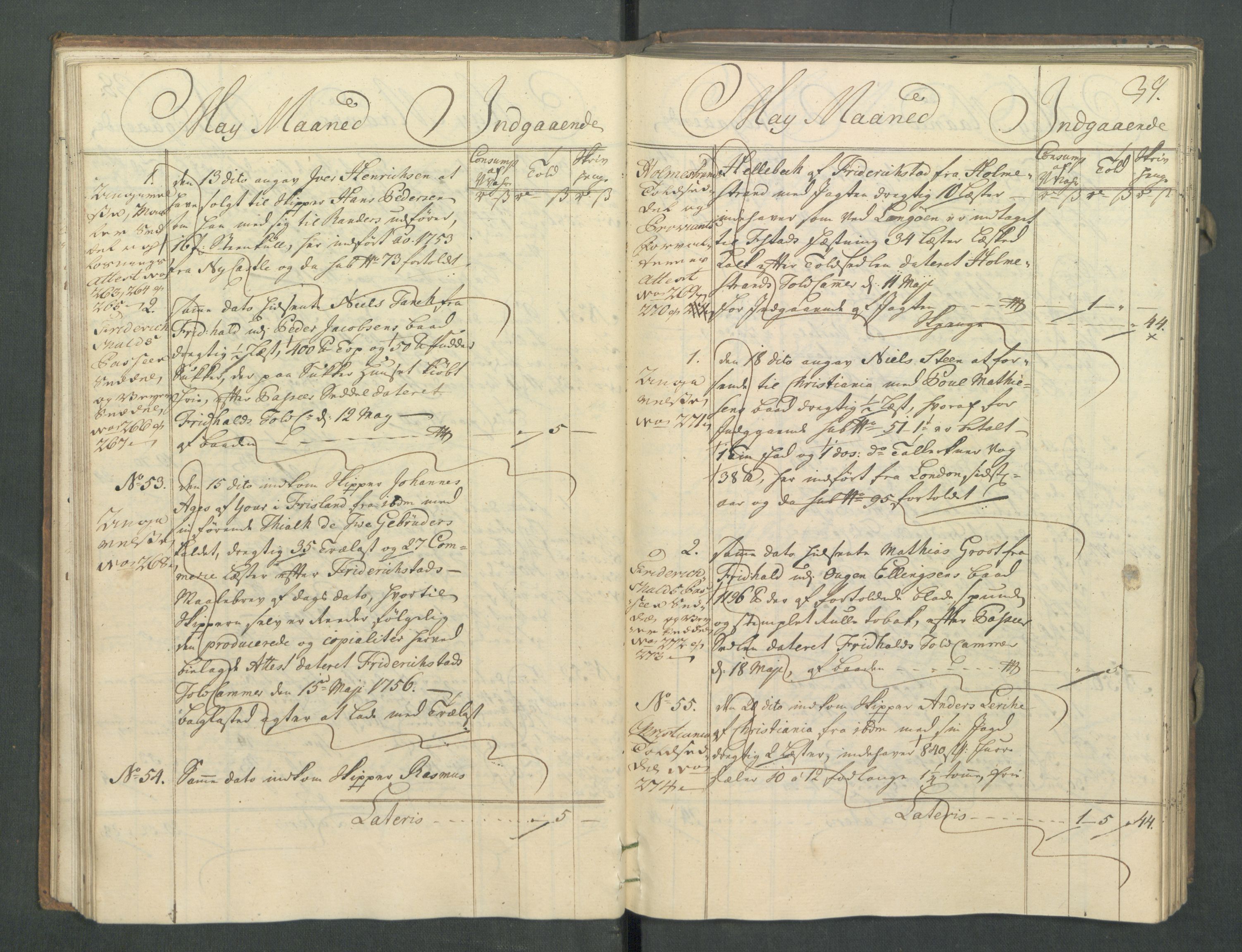 Generaltollkammeret, tollregnskaper, AV/RA-EA-5490/R02/L0022/0001: Tollregnskaper Fredrikstad / Inngående hovedtollbok, 1756, s. 38b-39a