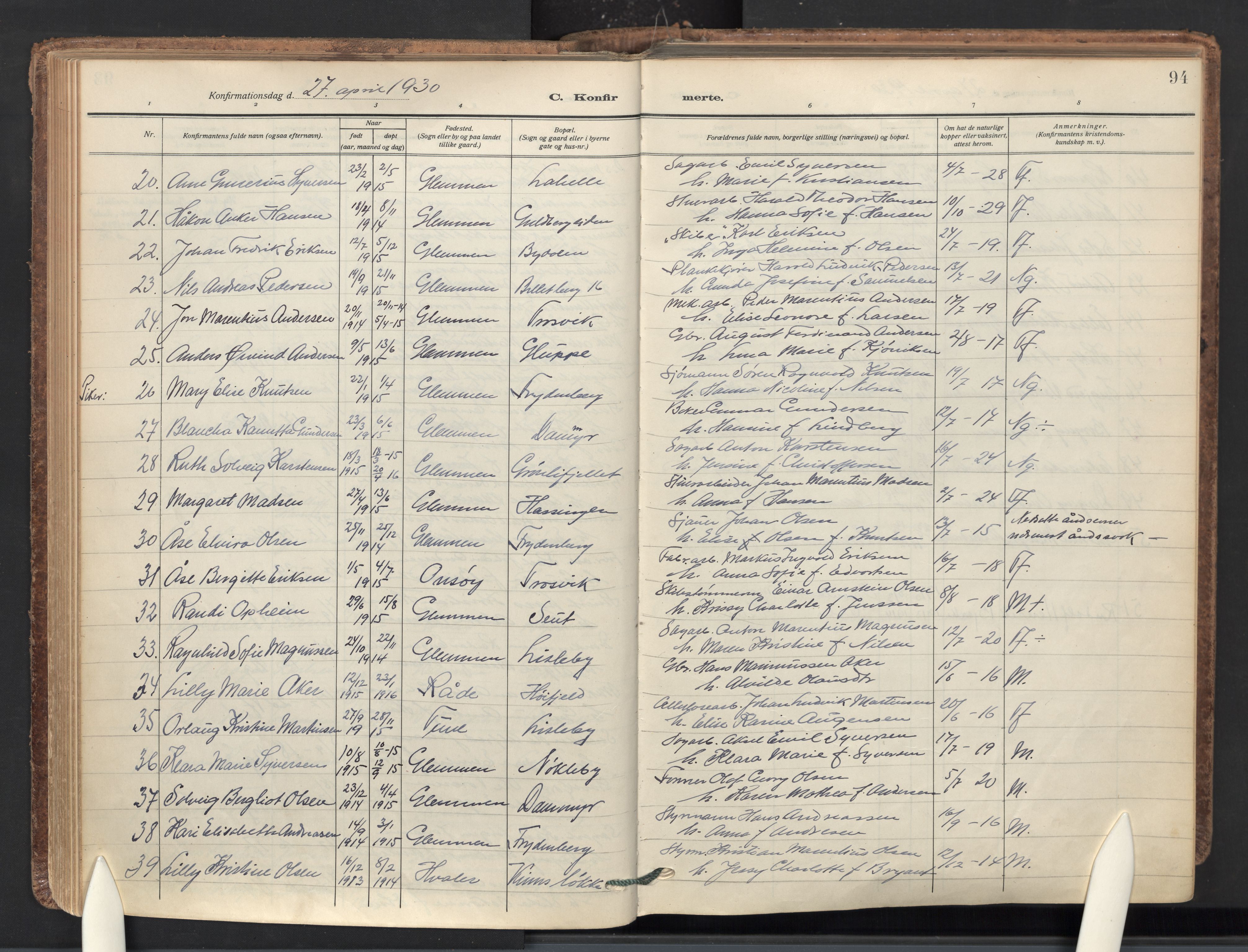 Glemmen prestekontor Kirkebøker, AV/SAO-A-10908/F/Fa/L0018: Ministerialbok nr. 18, 1922-1955, s. 94