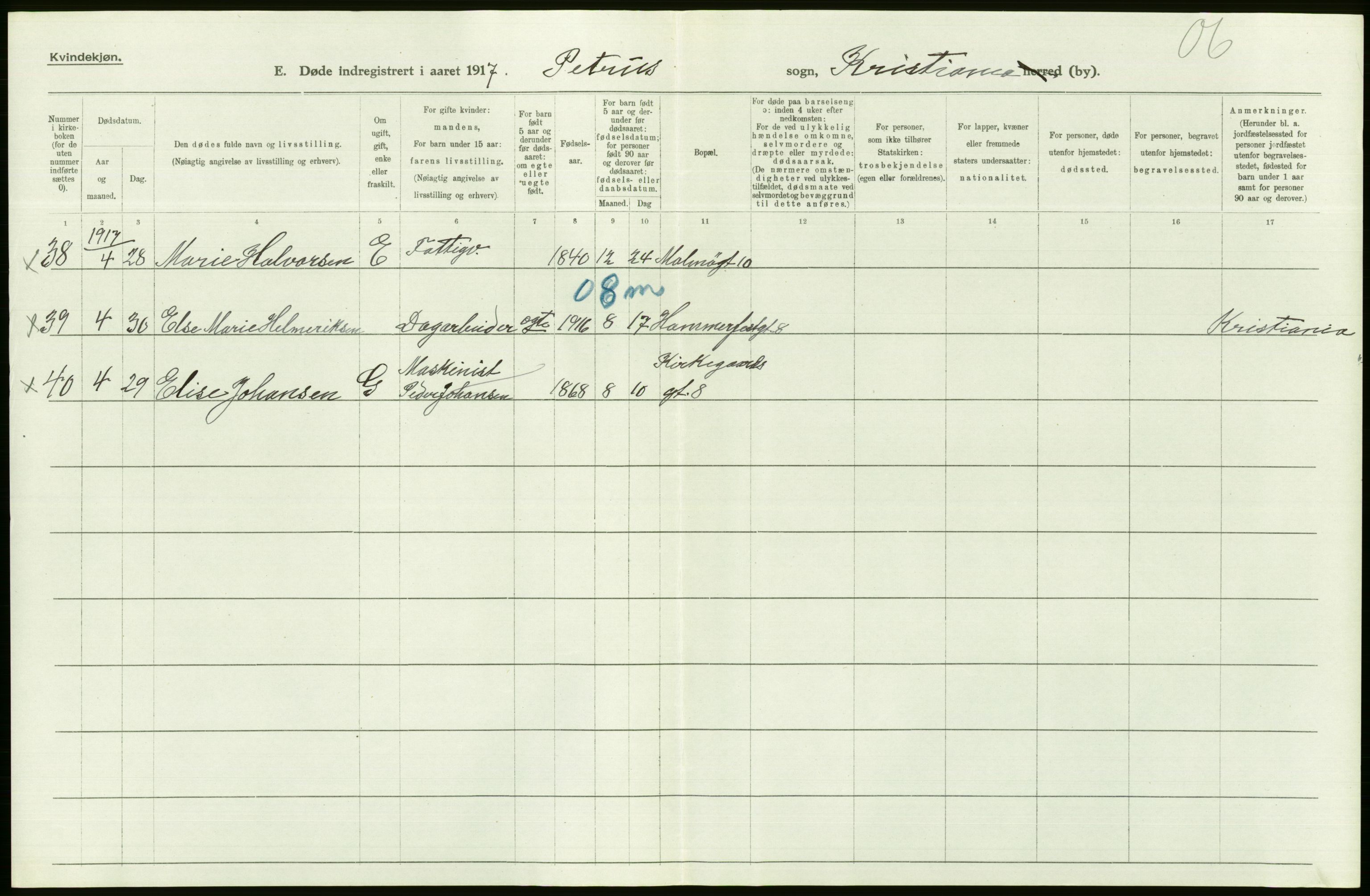 Statistisk sentralbyrå, Sosiodemografiske emner, Befolkning, AV/RA-S-2228/D/Df/Dfb/Dfbg/L0010: Kristiania: Døde, 1917, s. 220