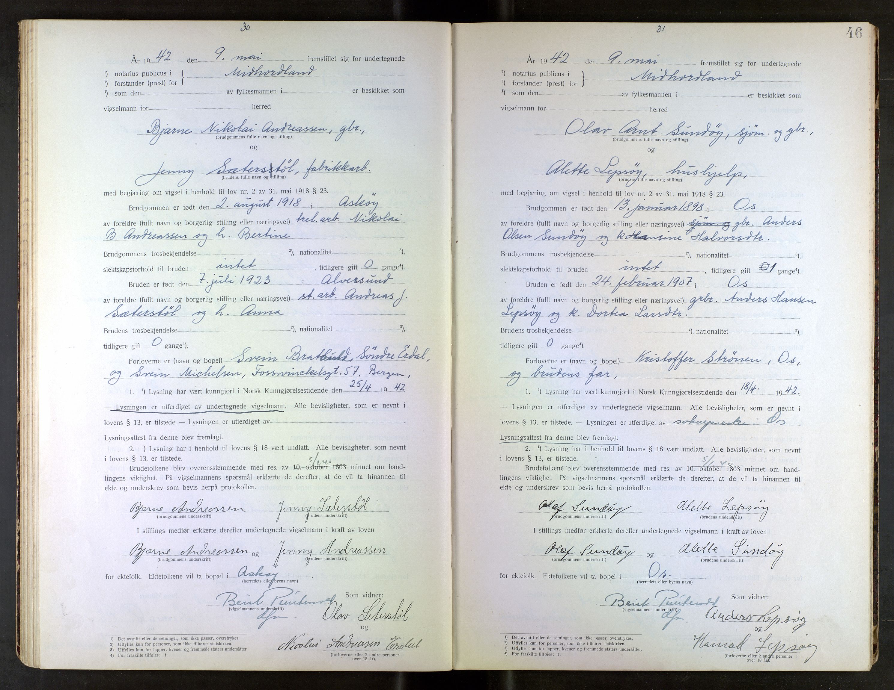 Midhordland sorenskriveri, SAB/A-3001/1/M/Mc/Mca/L0002: Notarialbilag. Vigselbøker, 1939-1942, s. 46