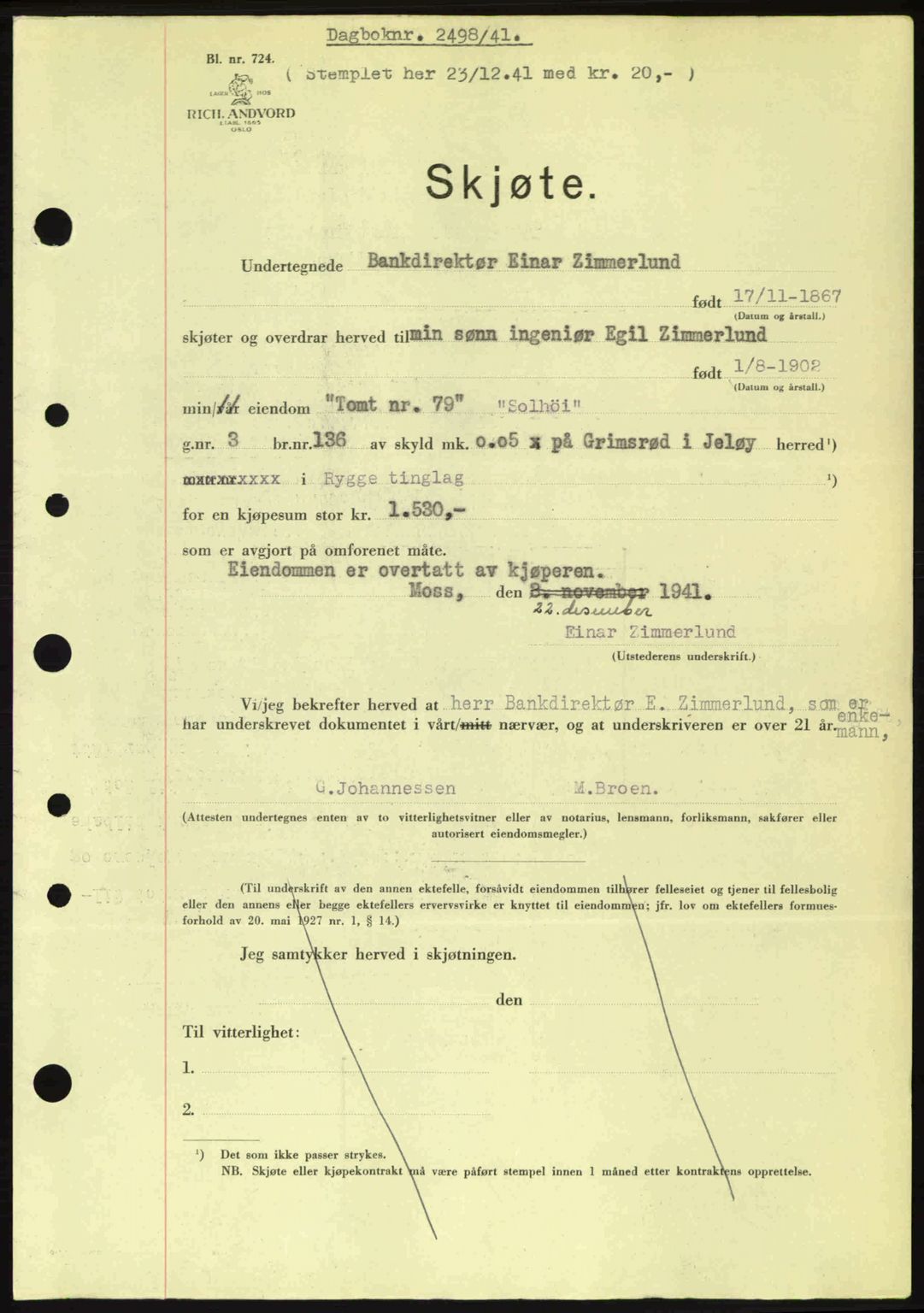Moss sorenskriveri, SAO/A-10168: Pantebok nr. A9, 1941-1942, Dagboknr: 2498/1941