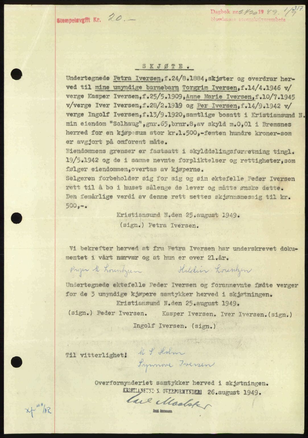 Nordmøre sorenskriveri, SAT/A-4132/1/2/2Ca: Pantebok nr. A112, 1949-1949, Dagboknr: 2420/1949