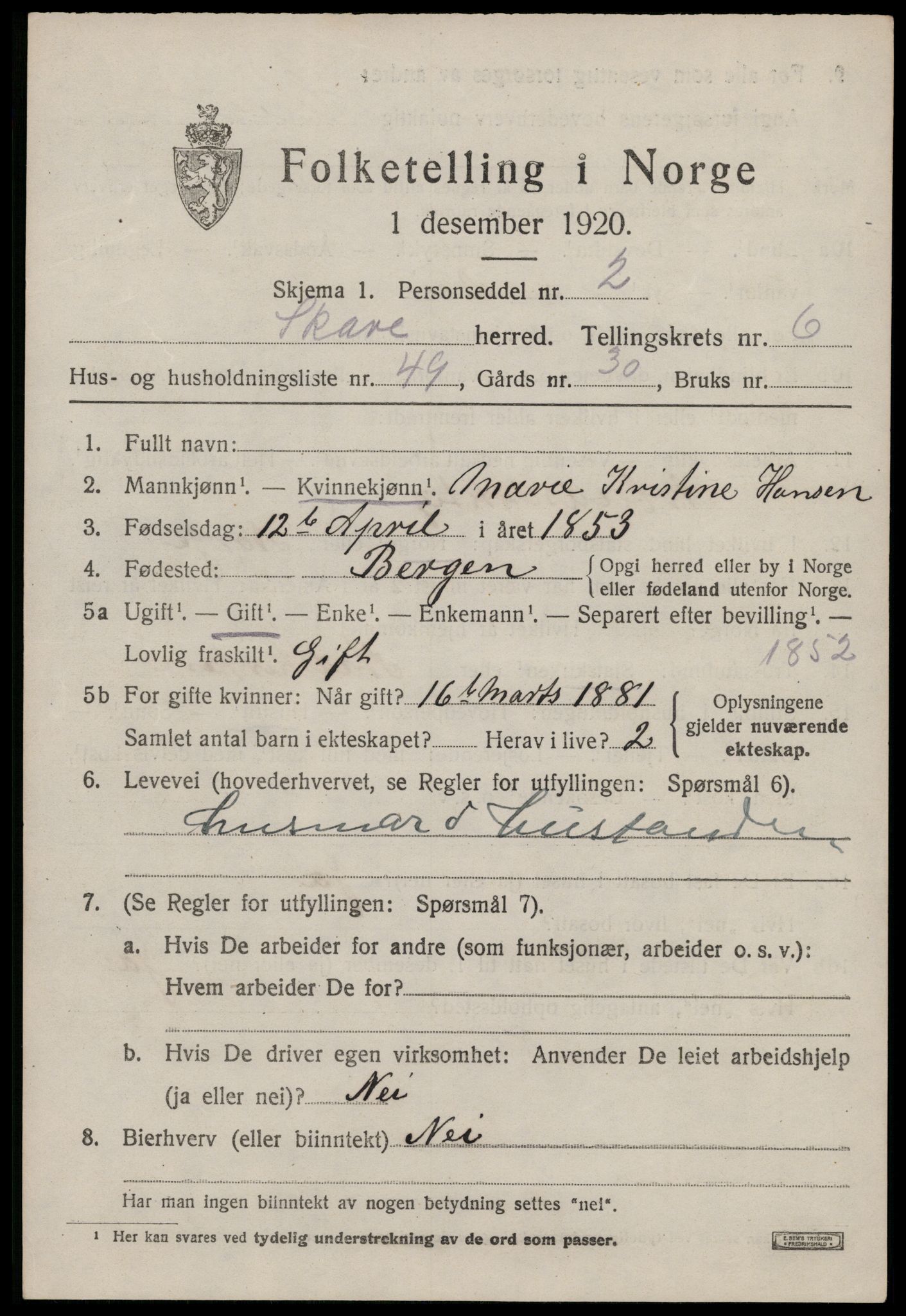 SAST, Folketelling 1920 for 1153 Skåre herred, 1920, s. 4710