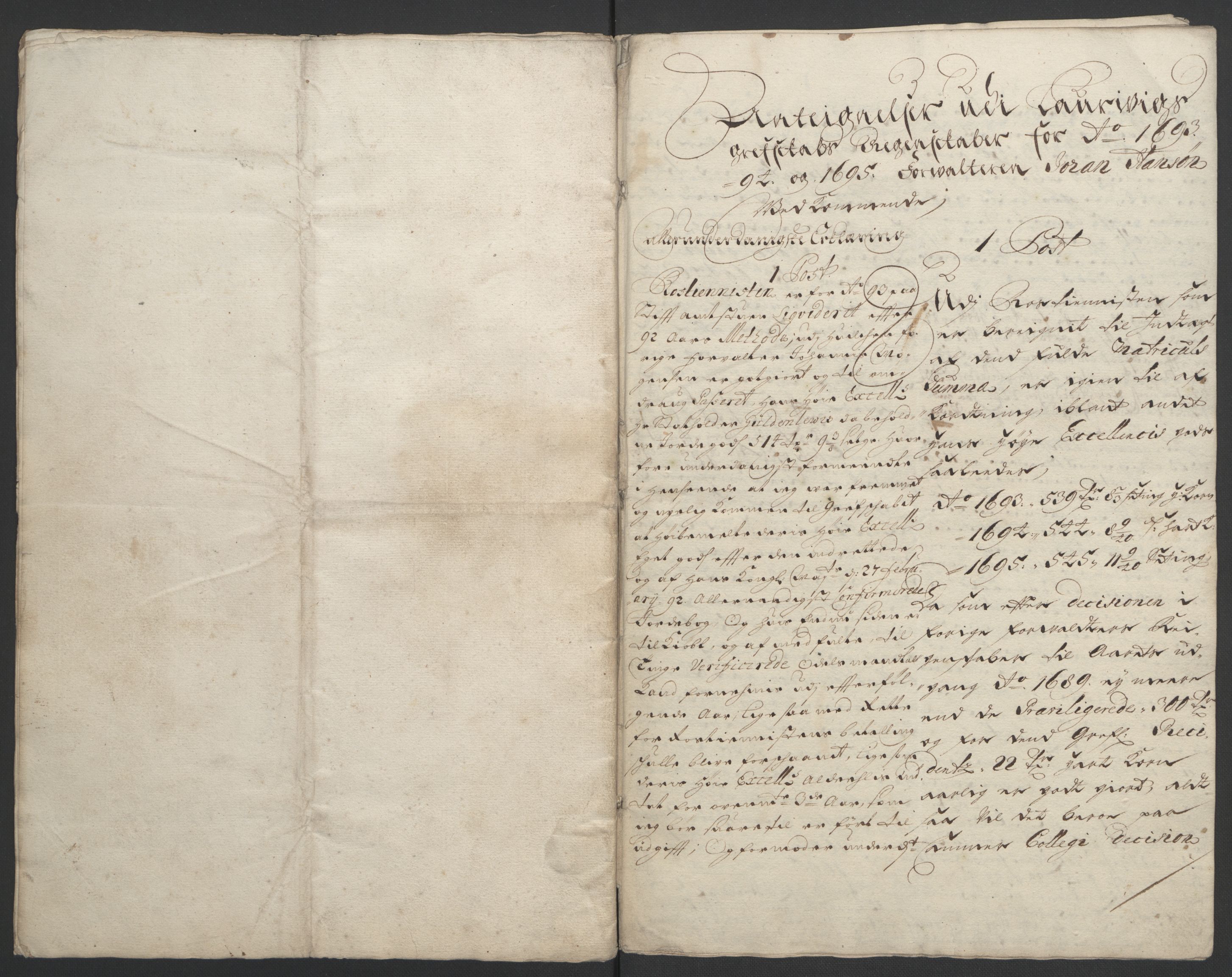 Rentekammeret inntil 1814, Reviderte regnskaper, Fogderegnskap, RA/EA-4092/R33/L1974: Fogderegnskap Larvik grevskap, 1693-1695, s. 310