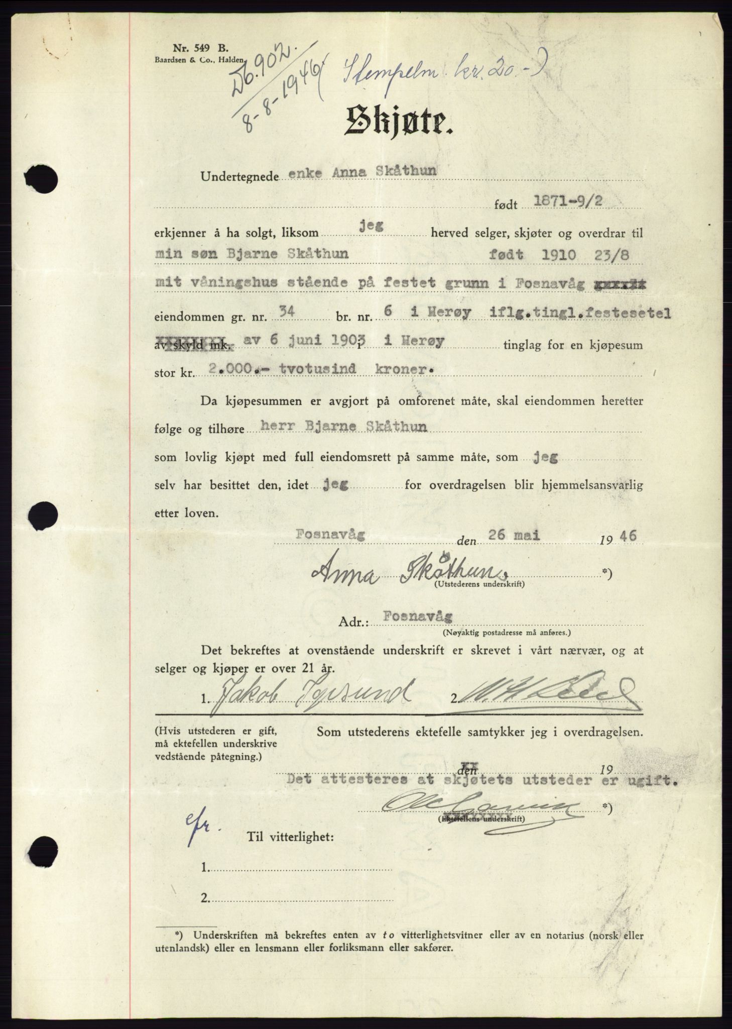 Søre Sunnmøre sorenskriveri, SAT/A-4122/1/2/2C/L0078: Pantebok nr. 4A, 1946-1946, Dagboknr: 902/1946