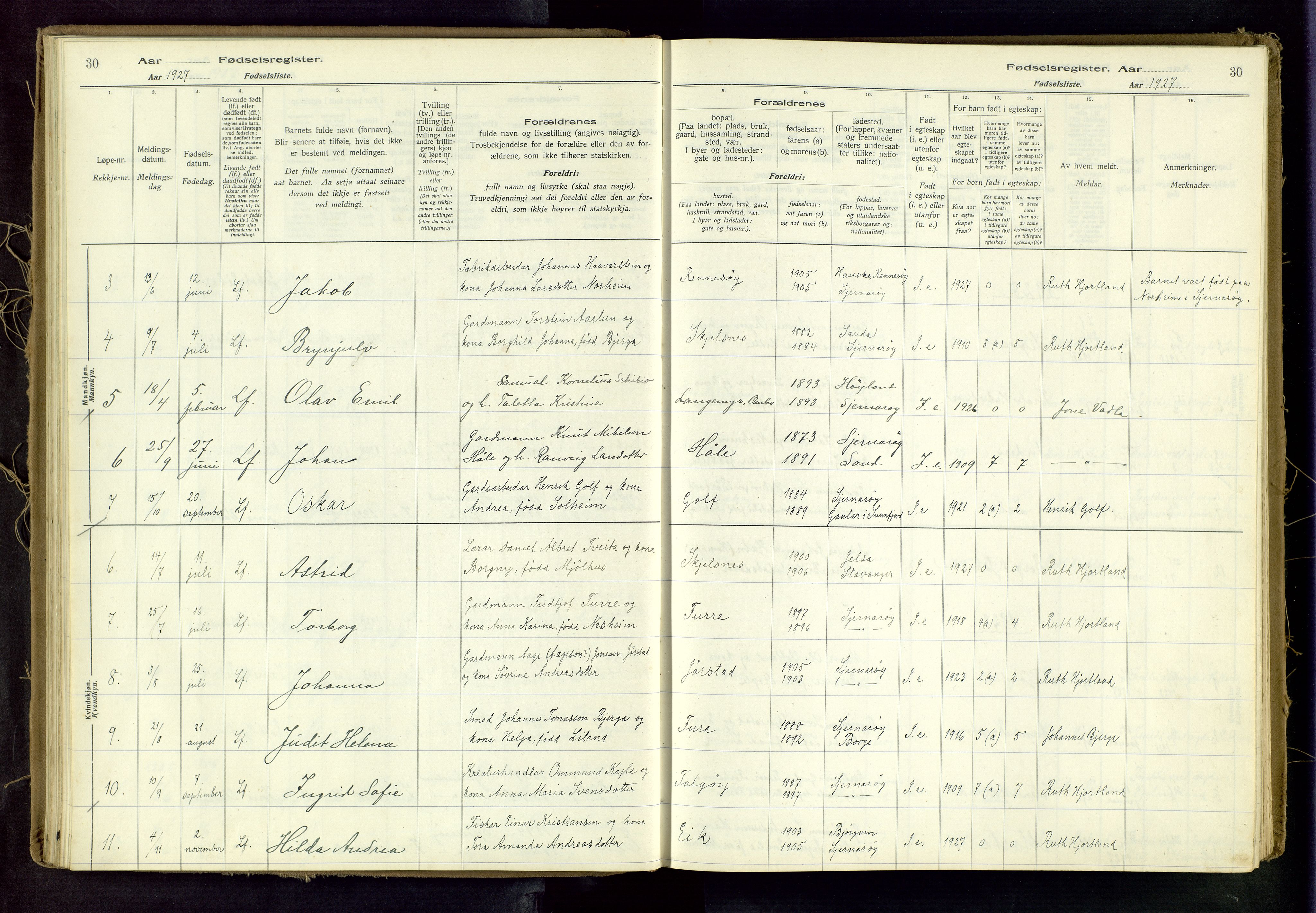 Nedstrand sokneprestkontor, AV/SAST-A-101841/03/A/L0001: Fødselsregister nr. 1, 1916-1982, s. 30