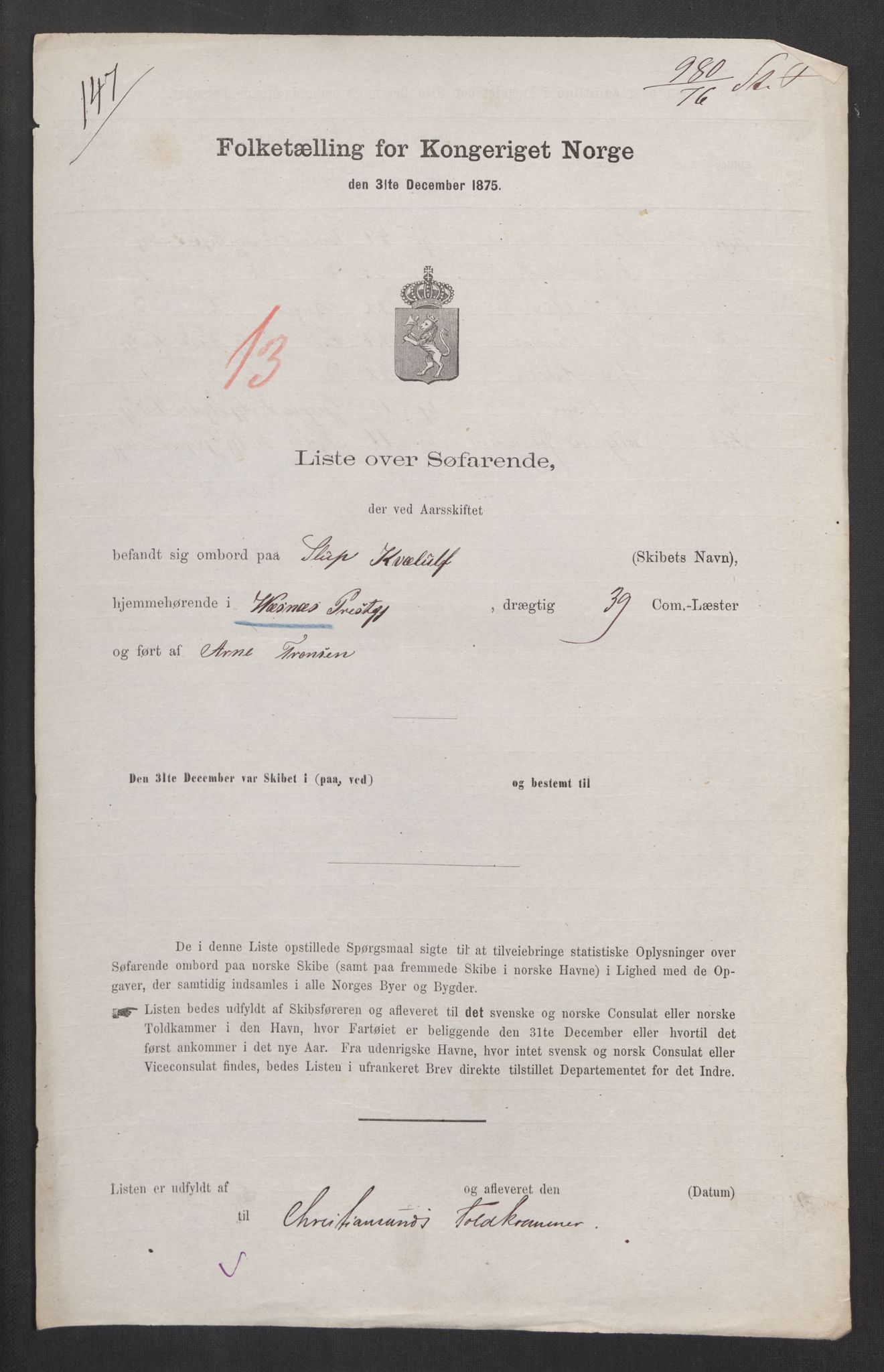 RA, Folketelling 1875, skipslister: Skip i innenrikske havner, hjemmehørende i 1) landdistrikter, 2) forskjellige steder, 3) utlandet, 1875, s. 330