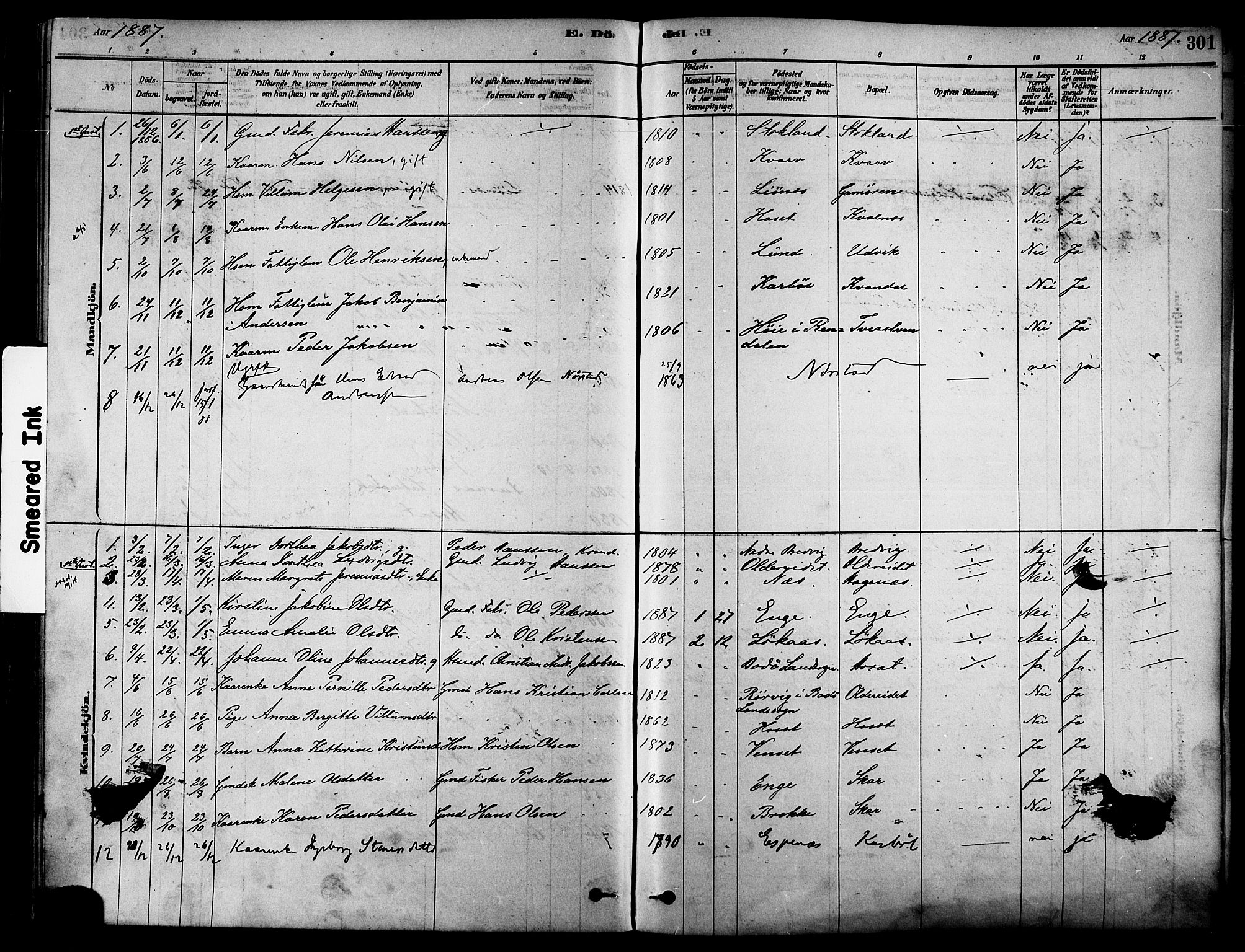 Ministerialprotokoller, klokkerbøker og fødselsregistre - Nordland, AV/SAT-A-1459/852/L0740: Ministerialbok nr. 852A10, 1878-1894, s. 301